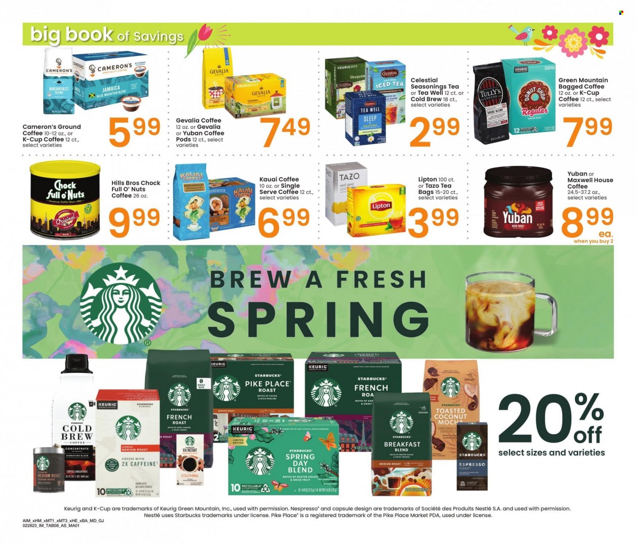 thumbnail - Albertsons Flyer - 02/28/2023 - 03/27/2023 - Sales products - donut, coconut, roast, Nestlé, dried fruit, shredded coconut, Lipton, Maxwell House, tea bags, coffee, coffee pods, Starbucks, ground coffee, coffee capsules, K-Cups, Gevalia, Keurig, bagged coffee, breakfast blend, Green Mountain, Hill's. Page 8.