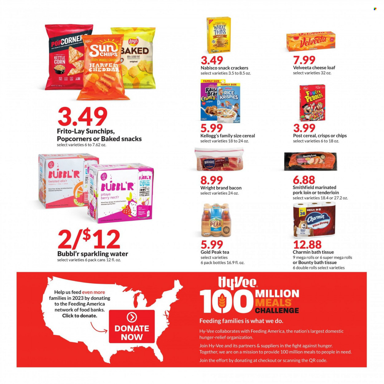 thumbnail - Hy-Vee Flyer - 03/01/2023 - 04/01/2023 - Sales products - dragon fruit, bacon, snack, Bounty, crackers, Kellogg's, kettle corn, chips, Lay’s, Thins, popcorn, Frito-Lay, cereals, Fruity Pebbles, rice, Gold Peak Tea, sparkling water, water, tea, pork loin, pork meat, marinated pork, bath tissue, Charmin. Page 4.