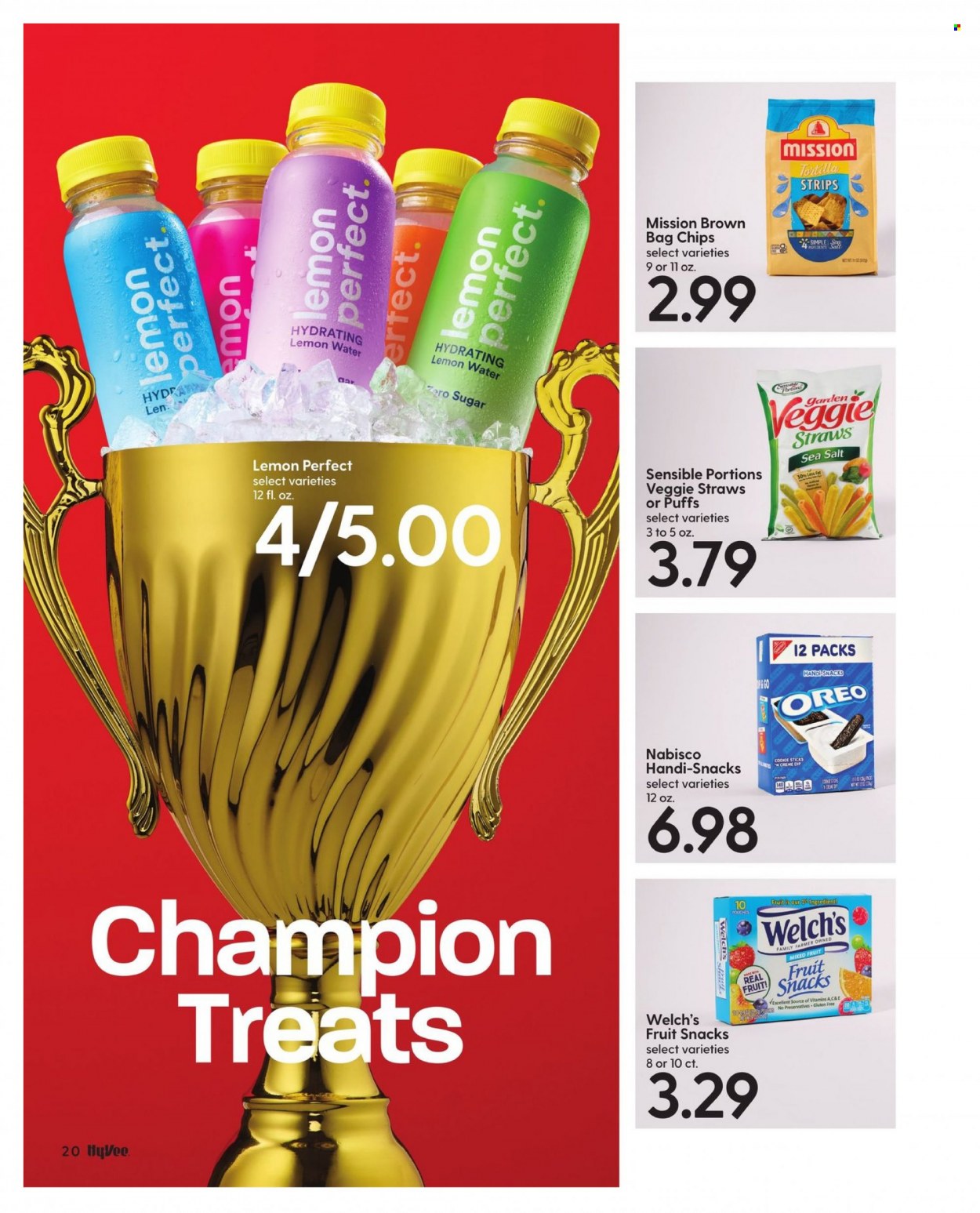 thumbnail - Hy-Vee Flyer - 03/01/2023 - 04/01/2023 - Sales products - tortillas, puffs, Welch's, Oreo, fruit snack, chips, veggie straws, water, bag. Page 22.