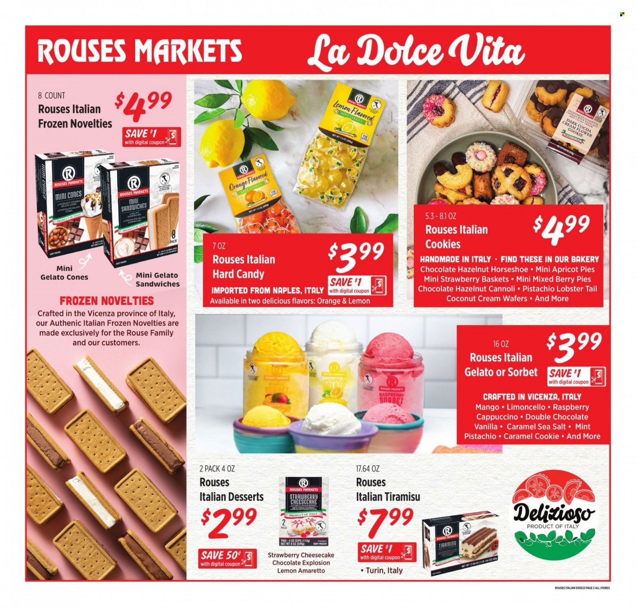 thumbnail - Rouses Markets Flyer - 03/01/2023 - 03/29/2023 - Sales products - cheesecake, tiramisu, mango, oranges, coconut, lobster, lobster tail, sandwich, gelato, cookies, wafers, chocolate, cocoa, sea salt, caramel, cappuccino, Amaretto, Limoncello, rose. Page 2.