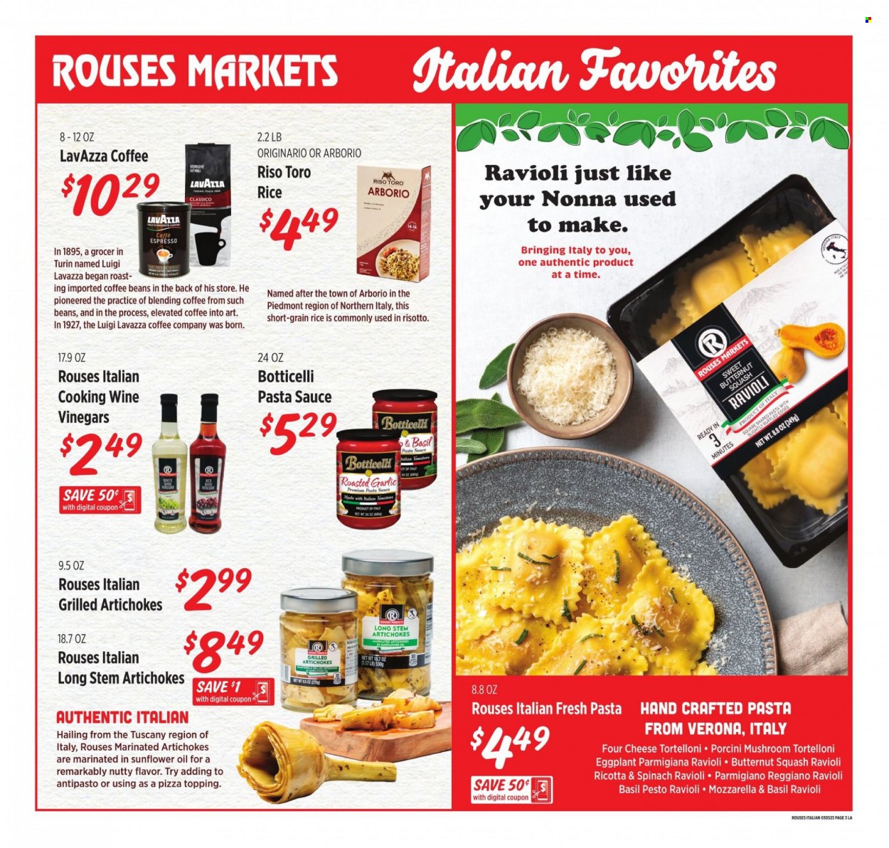 thumbnail - Rouses Markets Flyer - 03/01/2023 - 03/29/2023 - Sales products - artichoke, eggplant, ravioli, pizza, pasta sauce, sauce, roast, ricotta, parmigiana, topping, rice, pesto, Classico, basil pesto, coffee, coffee beans, Lavazza, cooking wine, butternut squash. Page 3.