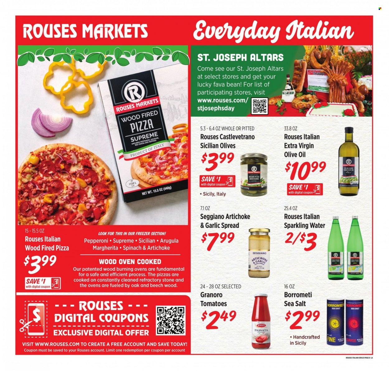thumbnail - Rouses Markets Flyer - 03/01/2023 - 03/29/2023 - Sales products - arugula, fava beans, onion, pizza, sausage, pepperoni, sea salt, olives, extra virgin olive oil, olive oil, oil, sparkling water, water. Page 8.