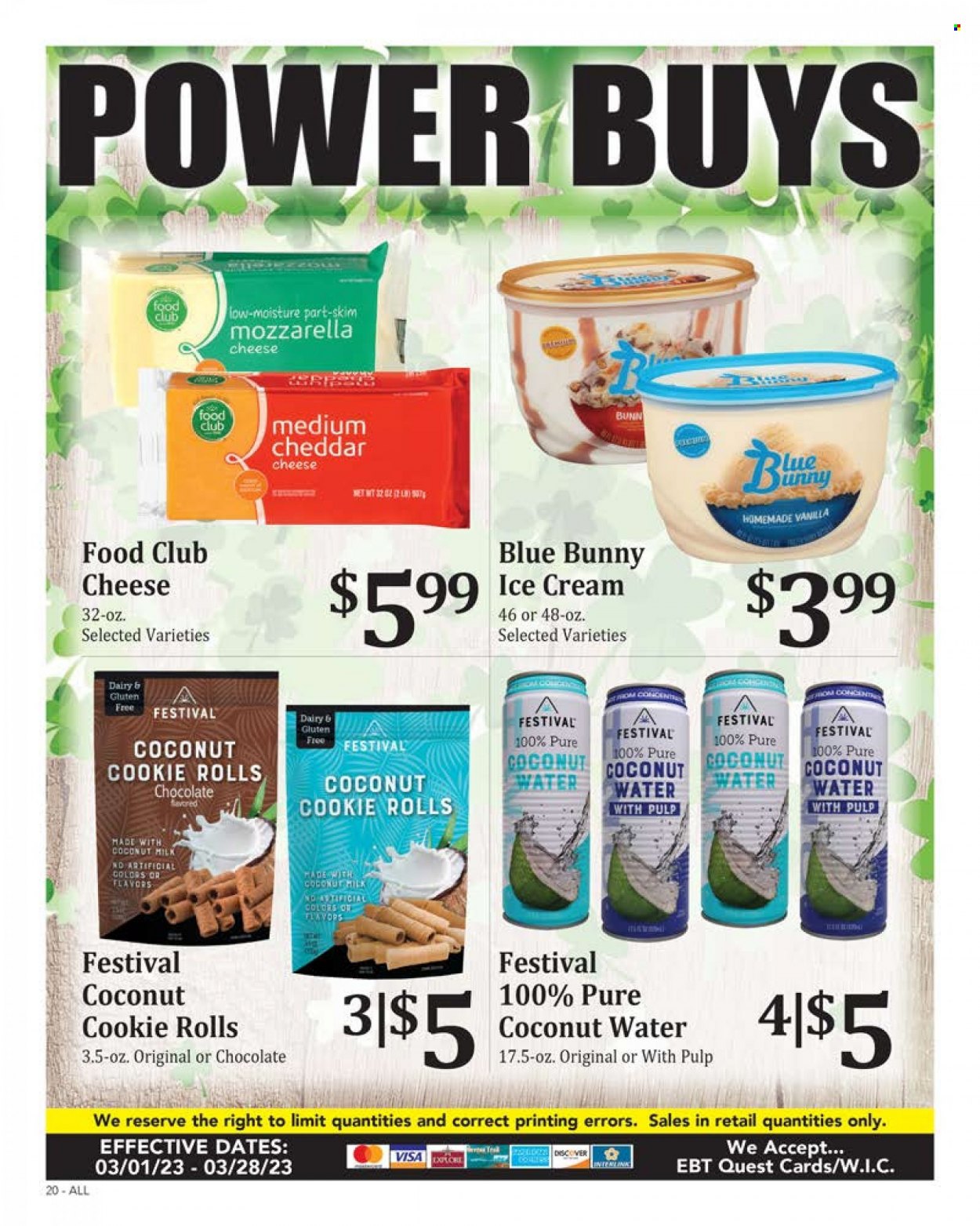 thumbnail - Rosauers Flyer - 03/01/2023 - 03/28/2023 - Sales products - mozzarella, cheddar, cheese, ice cream, Blue Bunny, coconut milk, coconut water, water. Page 20.