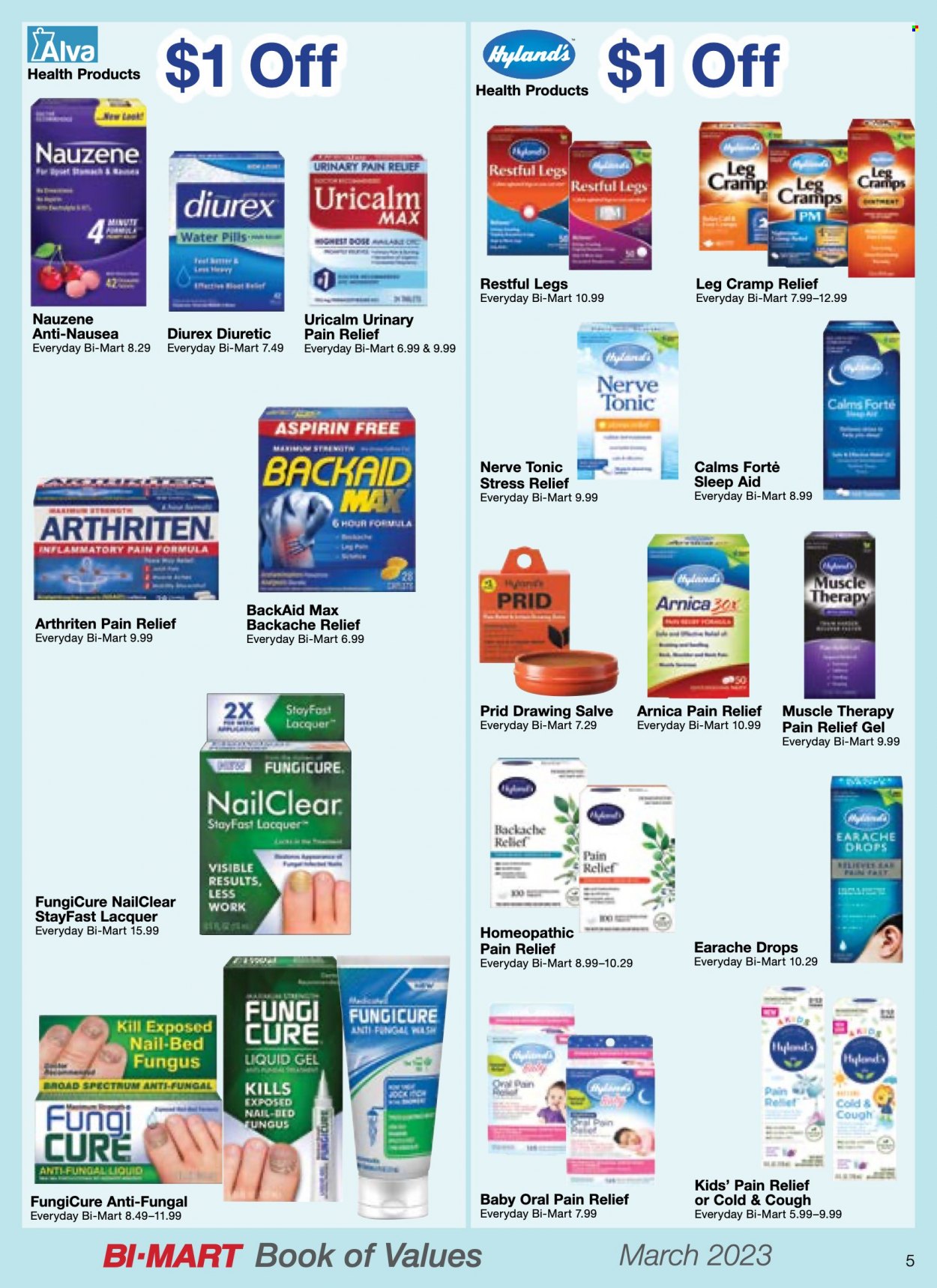 thumbnail - Bi-Mart Flyer - 03/01/2023 - 03/31/2023 - Sales products - tonic, water, pain relief, aspirin. Page 5.