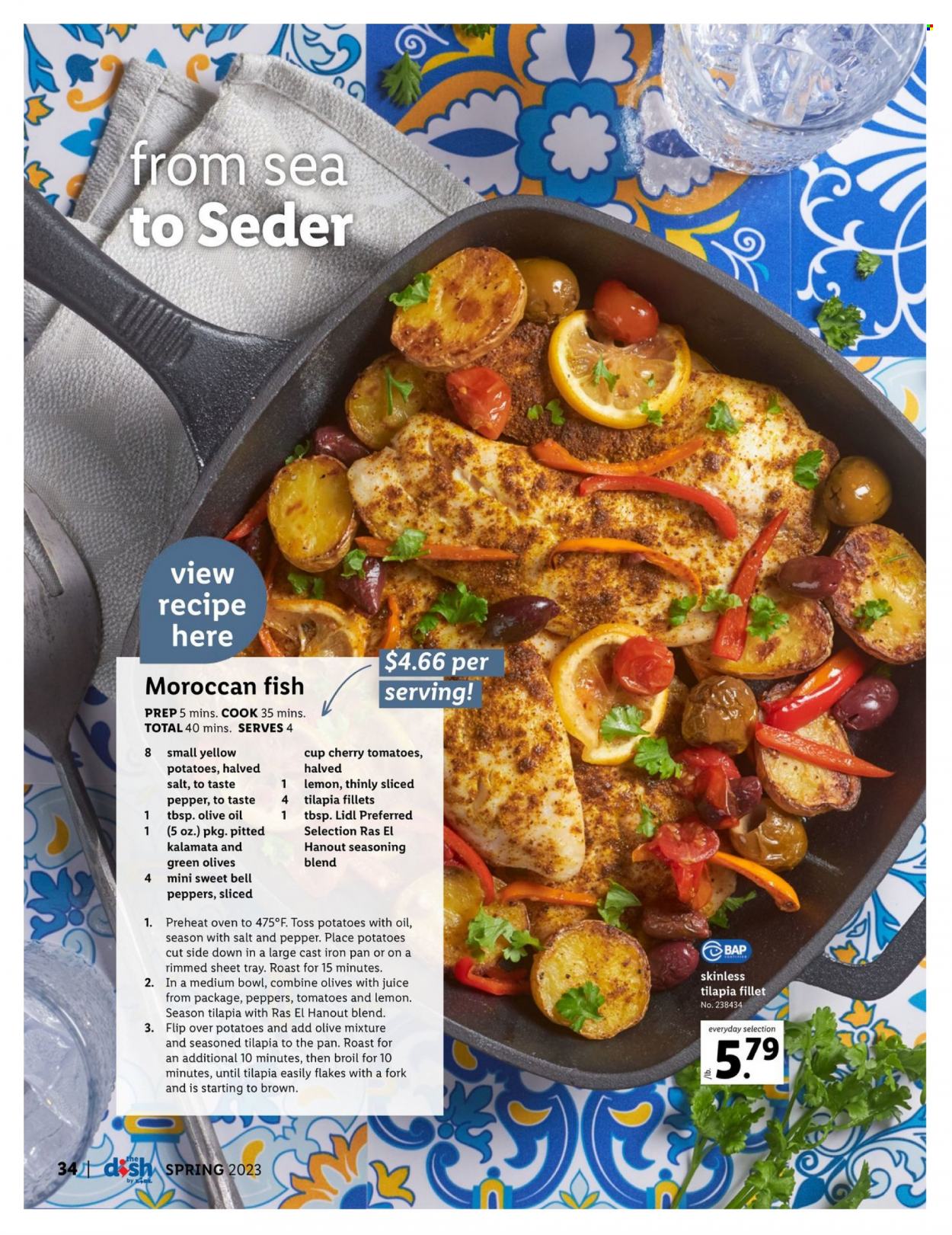 thumbnail - Lidl Flyer - 03/01/2023 - 04/25/2023 - Sales products - cherries, tilapia, fish, roast, olives, pepper, spice, olive oil, juice, fork, tray, pan, cup, bowl. Page 34.