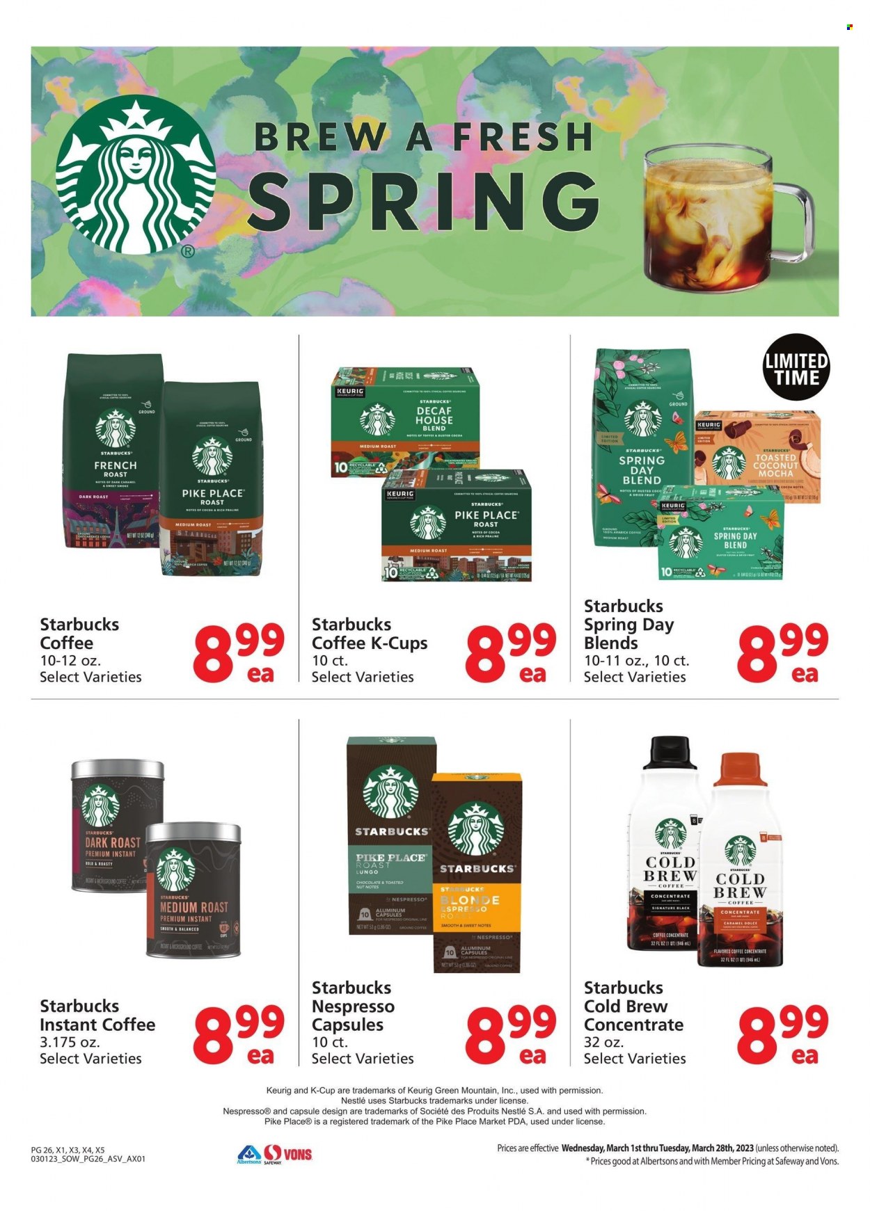 thumbnail - Vons Flyer - 03/01/2023 - 03/28/2023 - Sales products - roast, Nestlé, chocolate, coffee, Starbucks, instant coffee, Nespresso, ground coffee, coffee capsules, K-Cups, Keurig, Green Mountain. Page 26.