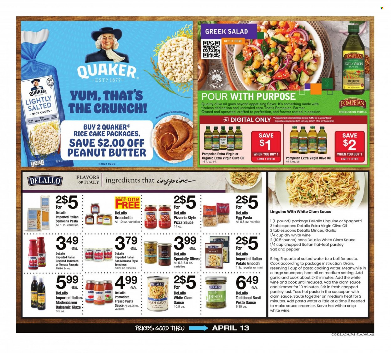 thumbnail - ACME Flyer - 03/03/2023 - 04/13/2023 - Sales products - parsley, clams, gnocchi, pasta sauce, Quaker, crushed tomatoes, tomato sauce, olives, pepper, balsamic glaze, pesto, basil pesto, extra virgin olive oil, olive oil, oil, peanut butter, water, saucepan. Page 17.