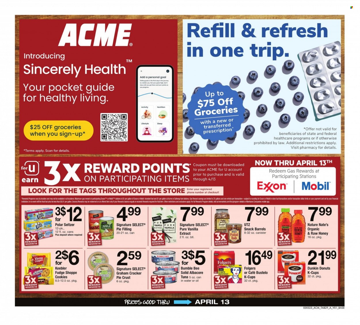 thumbnail - ACME Flyer - 03/03/2023 - 04/13/2023 - Sales products - pretzels, donut, tuna, Bumble Bee, cookies, fudge, vienna fingers, snack, crackers, Keebler, pie crust, pie filling, oatmeal, vanilla extract, honey, seltzer water, water, Folgers, coffee capsules, K-Cups, vehicle, goal. Page 29.