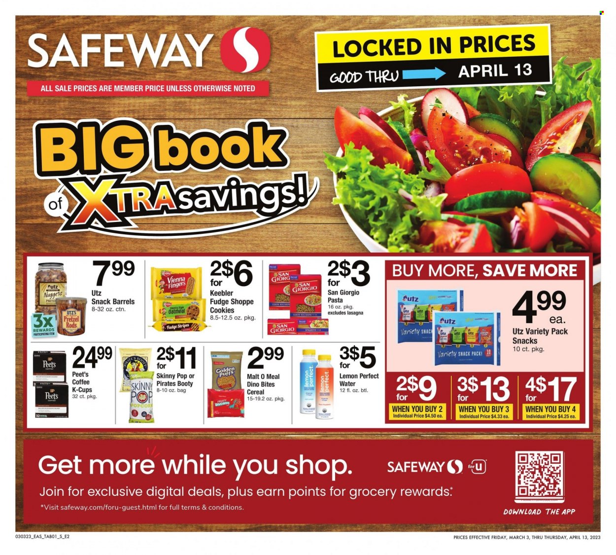 thumbnail - Safeway Flyer - 03/03/2023 - 04/13/2023 - Sales products - pretzels, nuggets, pasta, cookies, fudge, vienna fingers, Keebler, Skinny Pop, malt, cereals, water, coffee, coffee capsules, K-Cups. Page 1.