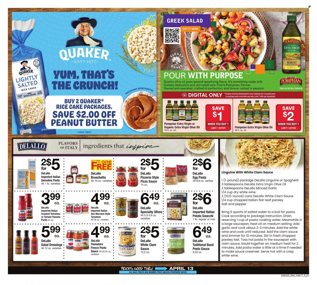 thumbnail - Safeway Flyer - 03/03/2023 - 04/13/2023 - Sales products - parsley, clams, gnocchi, pasta sauce, Quaker, crushed tomatoes, tomato sauce, olives, pepper, salad dressing, pesto, basil pesto, extra virgin olive oil, olive oil, oil, peanut butter, water, Rin, saucepan. Page 17.