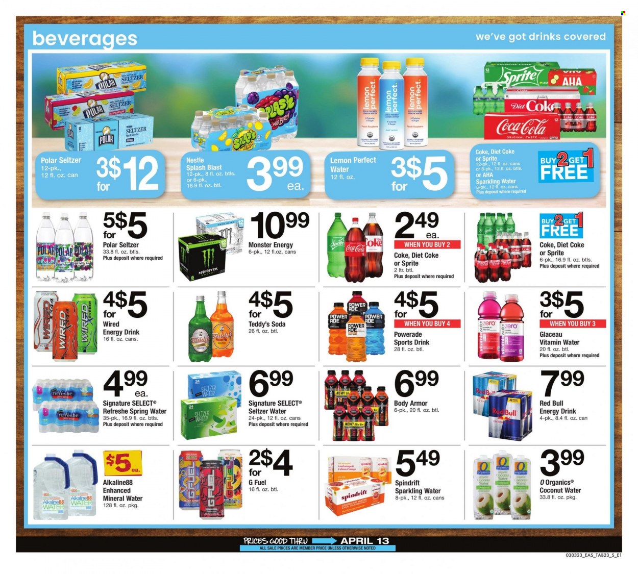 thumbnail - Safeway Flyer - 03/03/2023 - 04/13/2023 - Sales products - Nestlé, Coca-Cola, Sprite, Powerade, Body Armor, energy drink, Monster, Diet Coke, coconut water, Red Bull, Monster Energy, Spindrift, Coke, mineral water, seltzer water, spring water, soda, sparkling water, vitamin water, water. Page 23.