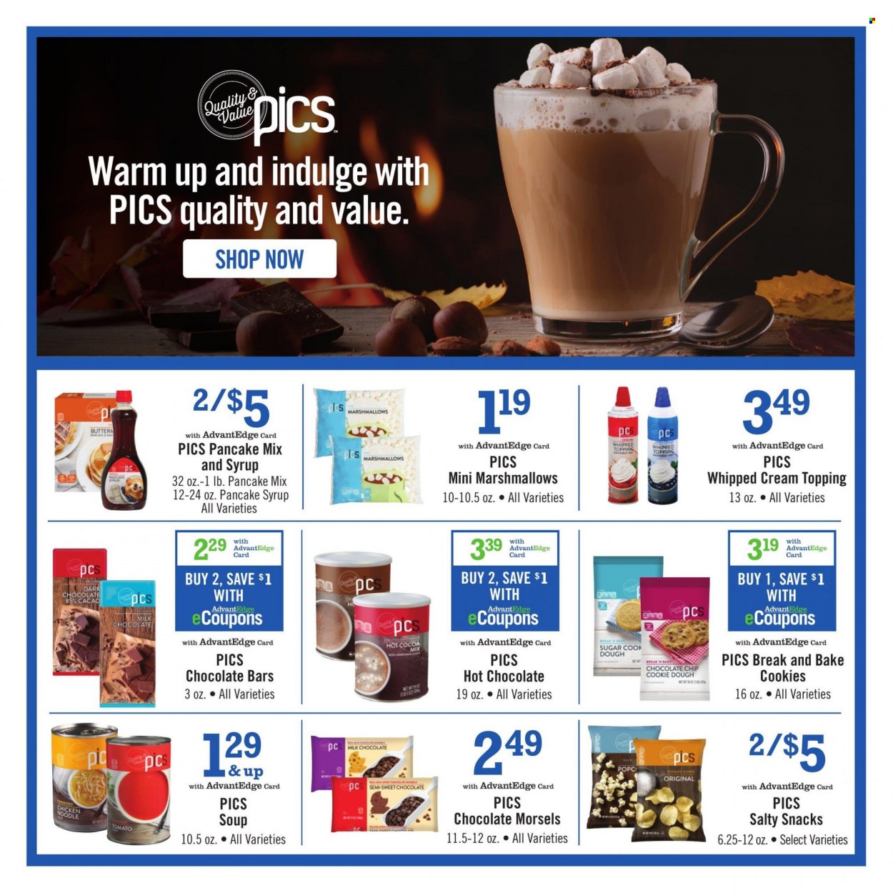 thumbnail - Price Chopper Flyer - 03/07/2023 - 03/31/2023 - Sales products - soup, whipped cream, cookie dough, cookies, marshmallows, milk chocolate, chocolate chips, snack, chocolate bar, sugar, topping, pancake syrup, hot cocoa, hot chocolate. Page 1.