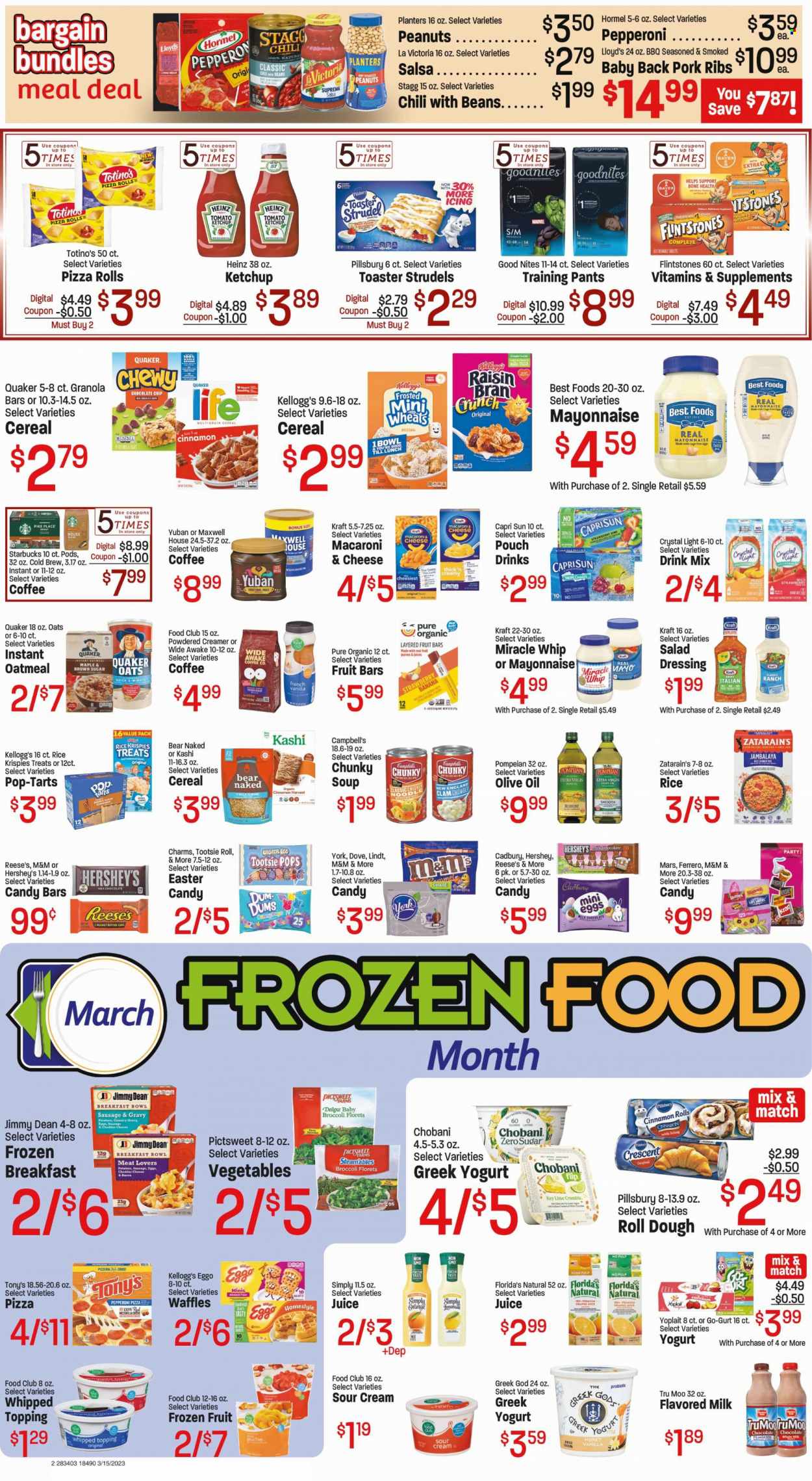 thumbnail - Red Apple Marketplace Flyer - 03/15/2023 - 03/28/2023 - Sales products - pizza rolls, strudel, cinnamon roll, waffles, broccoli, strawberries, Campbell's, macaroni & cheese, pizza, soup, breakfast bowl, Pillsbury, Quaker, noodles, Kraft®, Jimmy Dean, Hormel, roast, bacon, sausage, pepperoni, greek yoghurt, yoghurt, Yoplait, Chobani, flavoured milk, cage free eggs, sour cream, creamer, mayonnaise, Miracle Whip, Reese's, Hershey's, Dove, milk chocolate, chocolate chips, Lindt, Ferrero Rocher, Mars, easter egg, M&M's, Kellogg's, Cadbury, Skittles, peanut butter cups, Pop-Tarts, Florida's Natural, cane sugar, oatmeal, oats, topping, Heinz, clam chowder, cereals, granola bar, Rice Krispies, Raisin Bran, salad dressing, ketchup, dressing, salsa, extra virgin olive oil, olive oil, oil, honey, roasted peanuts, peanuts, Planters, Capri Sun, juice, Maxwell House, coffee, Starbucks, ribs, pork meat, pork ribs, pork back ribs, pants, baby pants, peaches. Page 2.