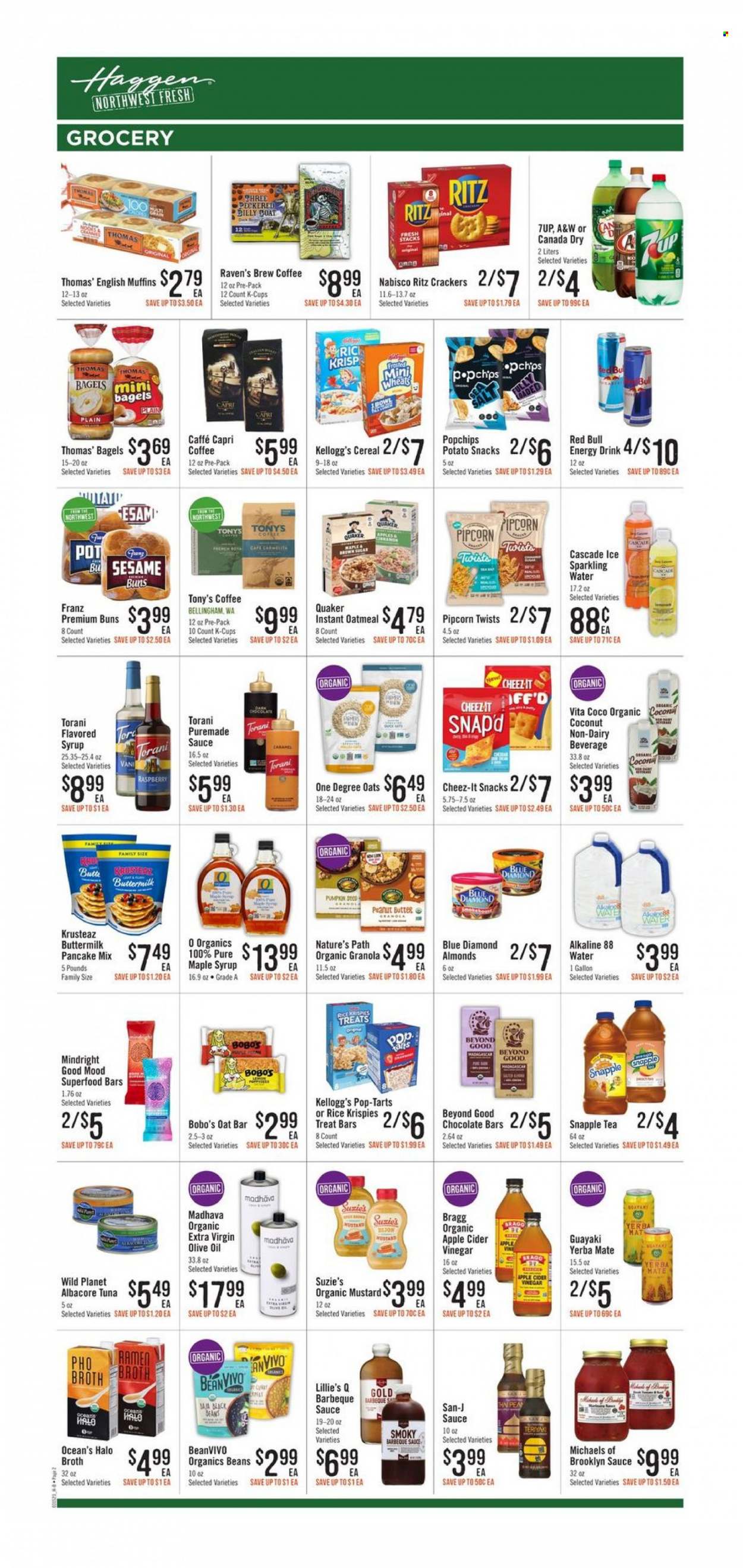 thumbnail - Haggen Flyer - 03/15/2023 - 03/28/2023 - Sales products - bagels, english muffins, buns, coconut, tuna, ramen, sauce, pancakes, Quaker, buttermilk, snack, crackers, Kellogg's, dark chocolate, Pop-Tarts, RITZ, chocolate bar, chips, Cheez-It, cane sugar, oatmeal, oats, broth, black beans, cereals, granola, Rice Krispies, BBQ sauce, mustard, apple cider vinegar, extra virgin olive oil, olive oil, oil, maple syrup, peanut butter, syrup, almonds, Blue Diamond, Canada Dry, energy drink, 7UP, Red Bull, Snapple, A&W, sparkling water, water, tea, coffee, coffee capsules, K-Cups, beer, Cascade, bowl, pot. Page 2.