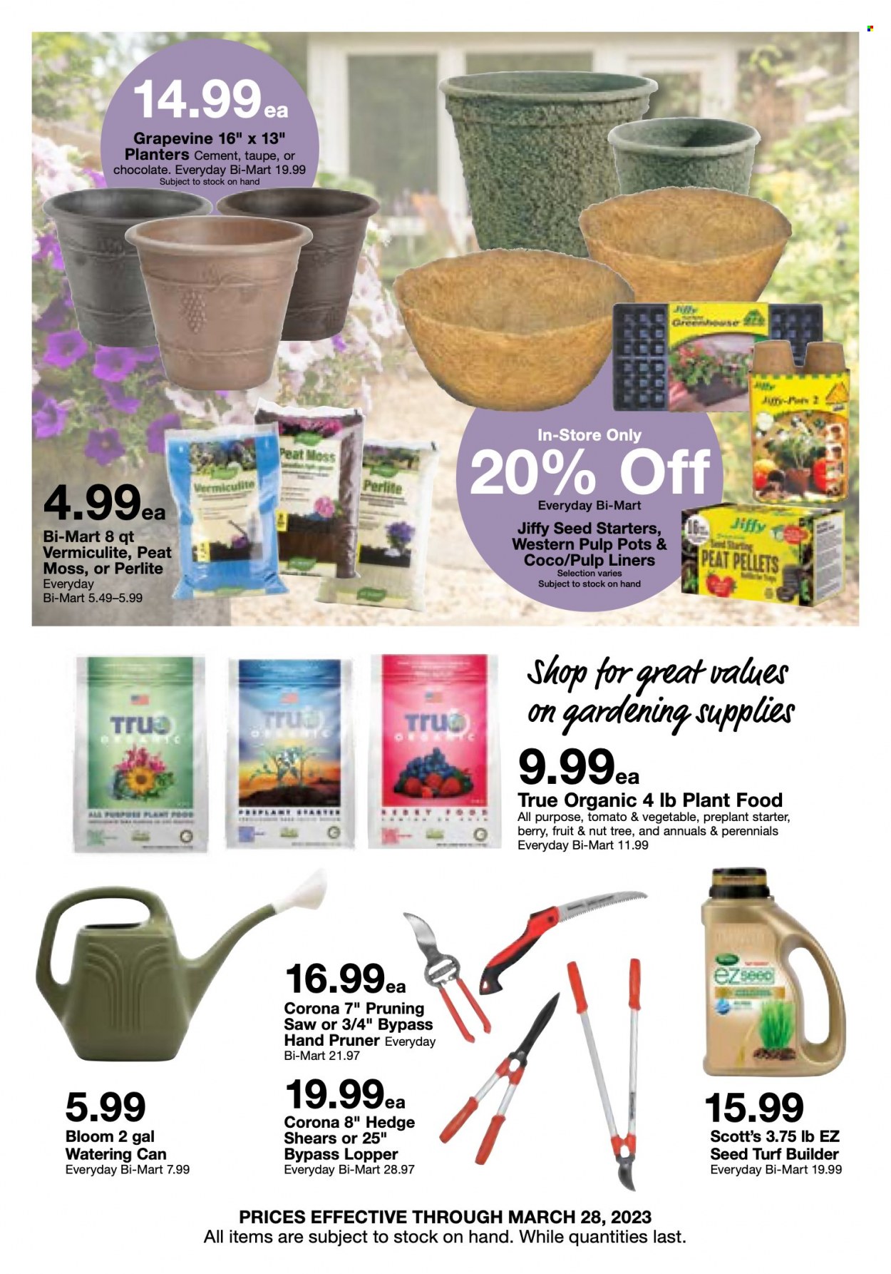 thumbnail - Bi-Mart Flyer - 03/15/2023 - 03/28/2023 - Sales products - chocolate, Planters, beer, Corona Extra, pot, saw, watering can, plant seeds, Jiffy, peat pellets, turf builder, starter. Page 5.