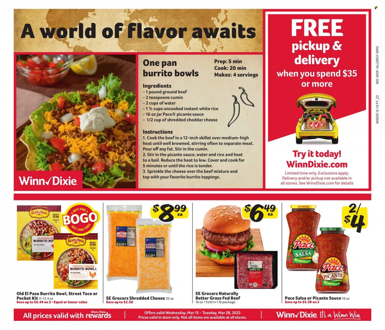 thumbnail - Winn Dixie Flyer - 03/15/2023 - 03/28/2023 - Sales products - Old El Paso, burrito, shredded cheese, rice, white rice, cumin, salsa, water, chicken, beef meat, ground beef, pan, bowl. Page 1.