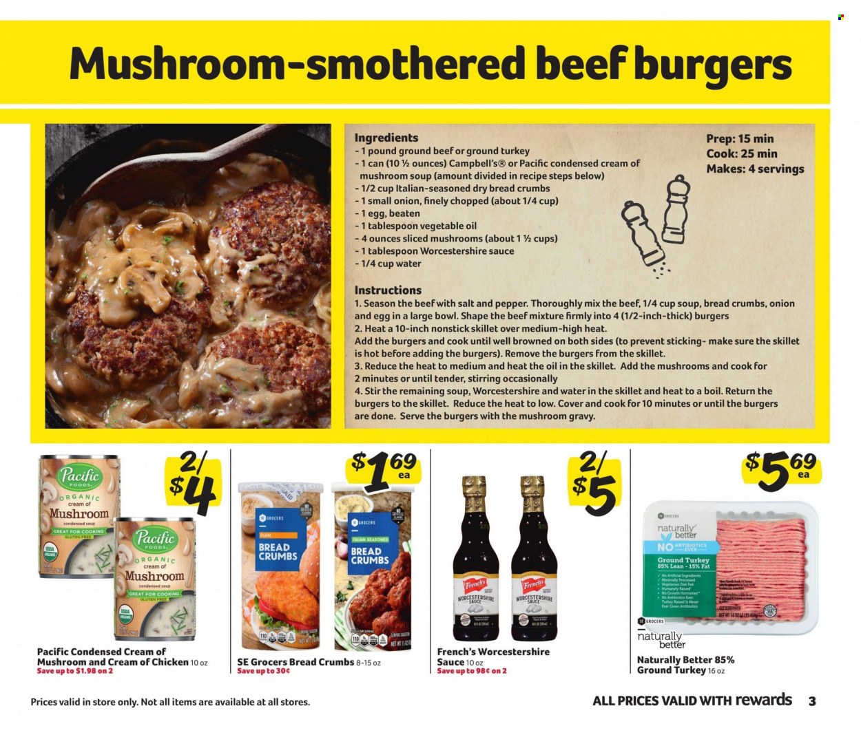 thumbnail - Winn Dixie Flyer - 03/15/2023 - 03/28/2023 - Sales products - breadcrumbs, Campbell's, mushroom soup, condensed soup, soup, hamburger, instant soup, beef burger, eggs, pepper, mushroom gravy, worcestershire sauce, vegetable oil, water, ground turkey, beef meat, ground beef. Page 3.