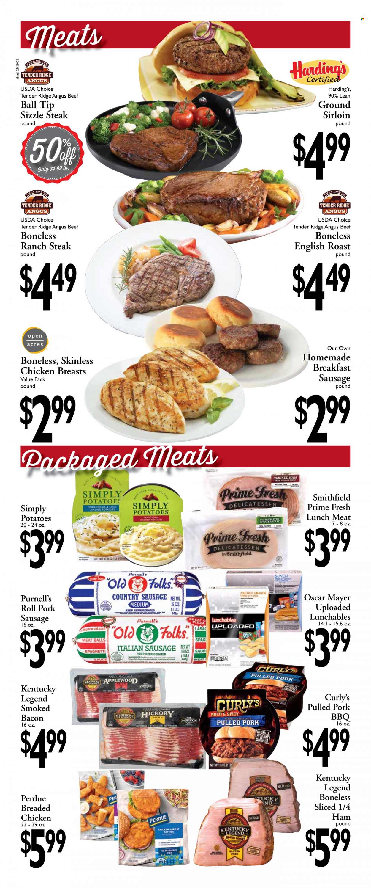 thumbnail - Harding's Markets Flyer - 03/19/2023 - 04/01/2023 - Sales products - mashed potatoes, spaghetti, pizza, sauce, fried chicken, Perdue®, Lunchables, pulled pork, spaghetti sauce, roast, bacon, ham, hickory bacon, smoked ham, Oscar Mayer, sausage, pork sausage, italian sausage, lunch meat, honey, chicken breasts, chicken, beef meat, steak, ball tip, chuck tender, pork meat. Page 2.