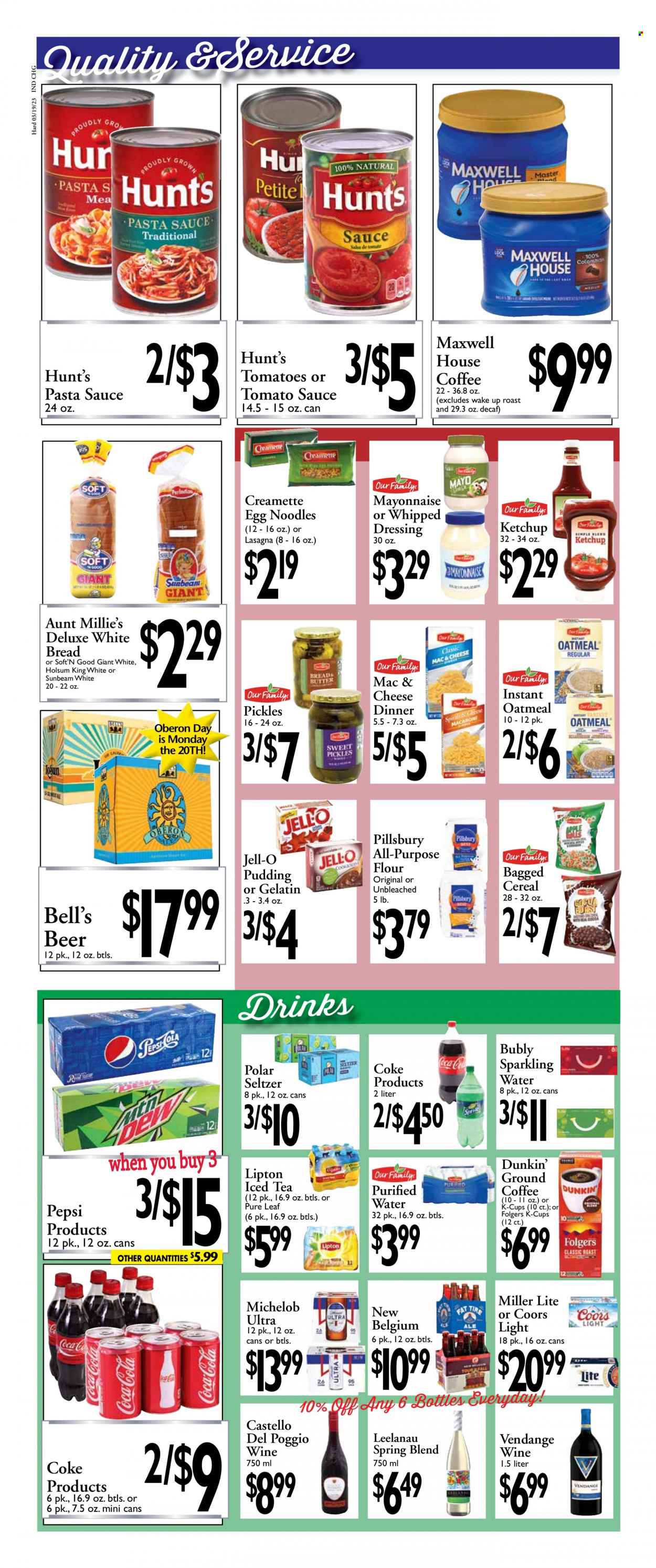 thumbnail - Harding's Markets Flyer - 03/19/2023 - 04/01/2023 - Sales products - bread, white bread, tomatoes, pasta sauce, sauce, Pillsbury, noodles, roast, pudding, mayonnaise, flour, oatmeal, Jell-O, tomato sauce, pickles, cereals, egg noodles, Creamette, ketchup, dressing, Coca-Cola, Pepsi, Lipton, ice tea, Coke, seltzer water, sparkling water, purified water, water, Maxwell House, Pure Leaf, coffee, Folgers, ground coffee, coffee capsules, K-Cups, Vendange, beer, Miller Lite, Coors, Michelob. Page 4.