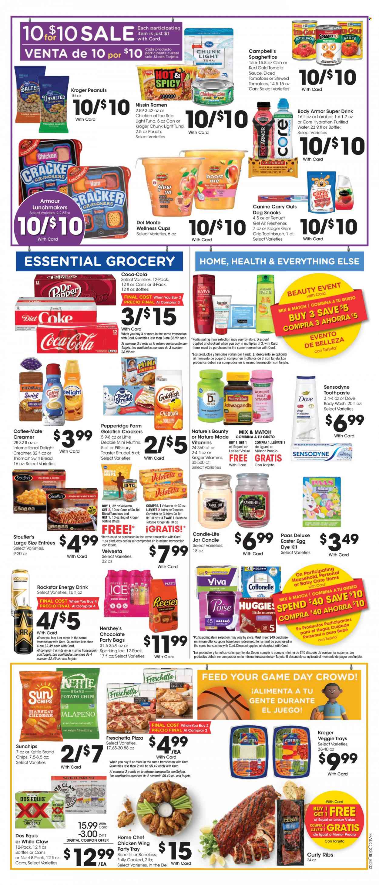 thumbnail - Fry’s Flyer - 03/22/2023 - 03/28/2023 - Sales products - strudel, Campbell's, ramen, pizza, Pillsbury, Nissin, Coffee-Mate, creamer, Hershey's, Stouffer's, Dove, chocolate, snack, easter egg, crackers, tortilla chips, chips, tomato sauce, light tuna, Chicken of the Sea, diced tomatoes, Del Monte, peanuts, Coca-Cola, Body Armor, energy drink, Rockstar, water, White Claw, beer, ribs, body wash, toothbrush, toothpaste, Sensodyne, cup, candle, Renuzit, air freshener, Nature Made, Nature's Bounty, Dos Equis. Page 5.