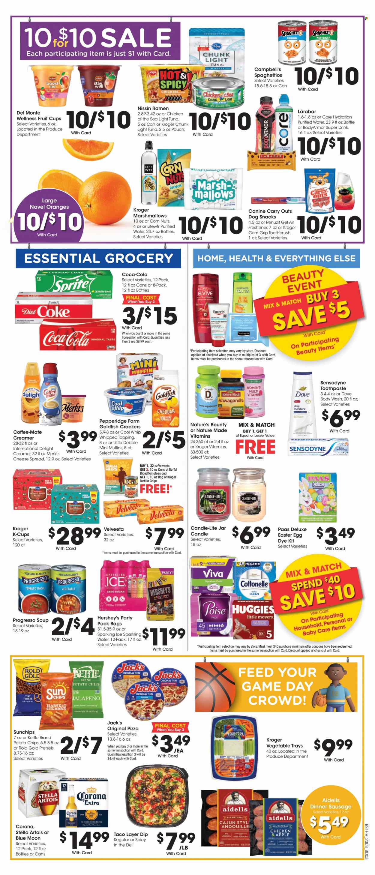 thumbnail - Pick ‘n Save Flyer - 03/22/2023 - 03/28/2023 - Sales products - pretzels, corn, oranges, fruit cup, Campbell's, ramen, pizza, Progresso, Nissin, sausage, cheese spread, Coffee-Mate, Cool Whip, creamer, dip, Hershey's, Dove, marshmallows, snack, easter egg, crackers, tortilla chips, potato chips, chips, topping, light tuna, Chicken of the Sea, diced tomatoes, Del Monte, Coca-Cola, sparkling water, Lifewtr, water, coffee capsules, K-Cups, beer, Stella Artois, Corona Extra, body wash, toothbrush, toothpaste, Sensodyne, candle, Renuzit, air freshener, Nature Made, Nature's Bounty, Blue Moon, navel oranges. Page 5.