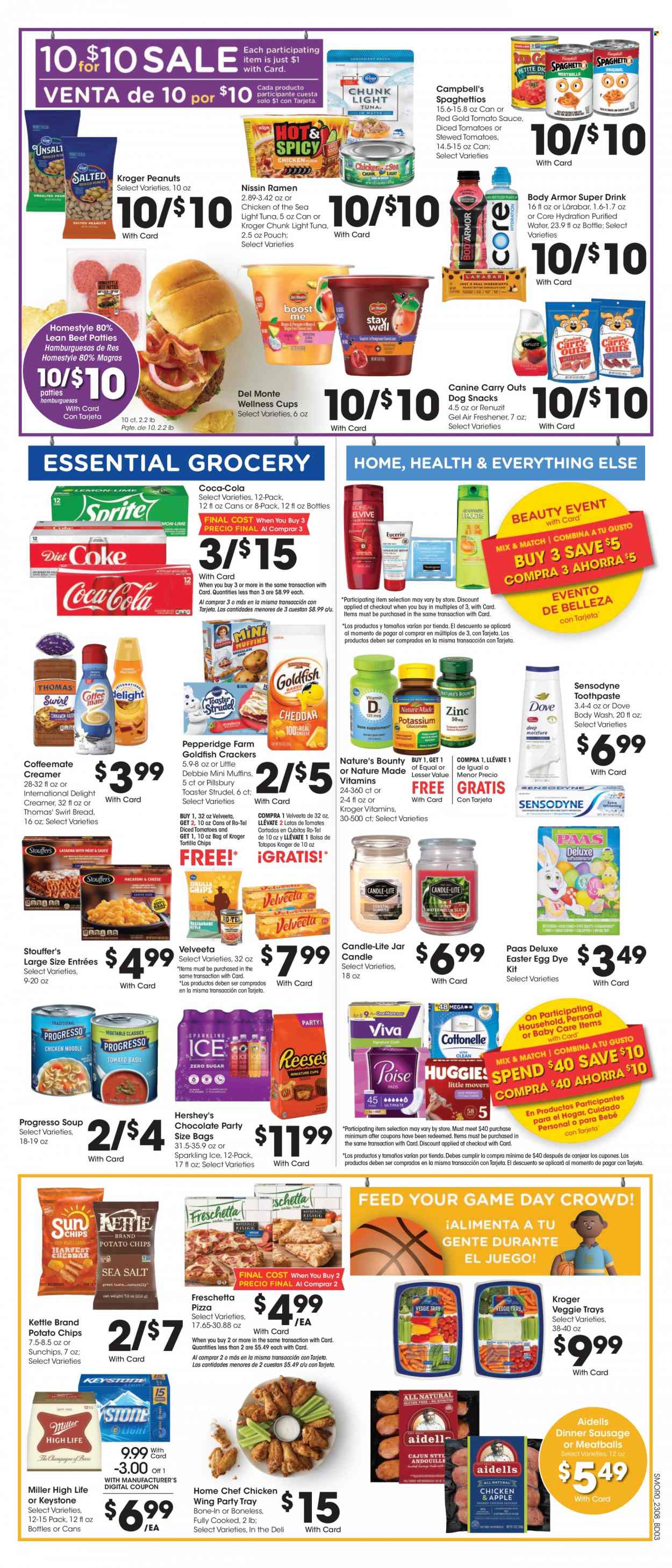 thumbnail - Smith's Flyer - 03/22/2023 - 03/28/2023 - Sales products - strudel, Campbell's, ramen, pizza, meatballs, Pillsbury, Progresso, Nissin, sausage, creamer, Hershey's, Stouffer's, Dove, chocolate, snack, easter egg, crackers, tortilla chips, potato chips, chips, tomato sauce, light tuna, Chicken of the Sea, diced tomatoes, Del Monte, peanuts, Coca-Cola, Body Armor, water, Miller, Keystone, beef meat, body wash, toothpaste, Sensodyne, cup, candle, Renuzit, air freshener, Nature Made, Nature's Bounty. Page 5.