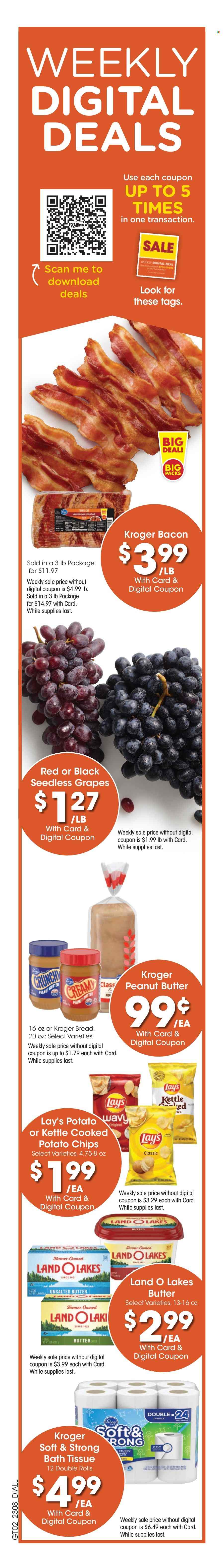 thumbnail - Dillons Flyer - 03/22/2023 - 03/28/2023 - Sales products - grapes, seedless grapes, bacon, potato chips, chips, Lay’s, peanut butter, bath tissue. Page 2.