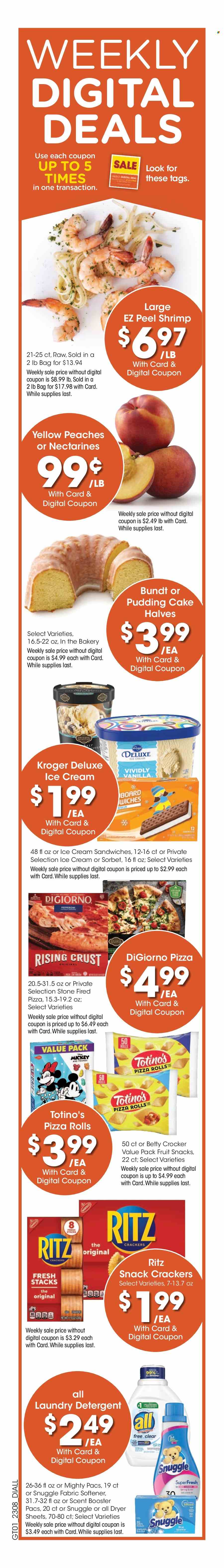 thumbnail - Dillons Flyer - 03/22/2023 - 03/28/2023 - Sales products - cake, pizza rolls, bundt, shrimps, pizza, ice cream, ice cream sandwich, crackers, fruit snack, RITZ, detergent, Snuggle, fabric softener, laundry detergent, dryer sheets, nectarines, peaches. Page 3.
