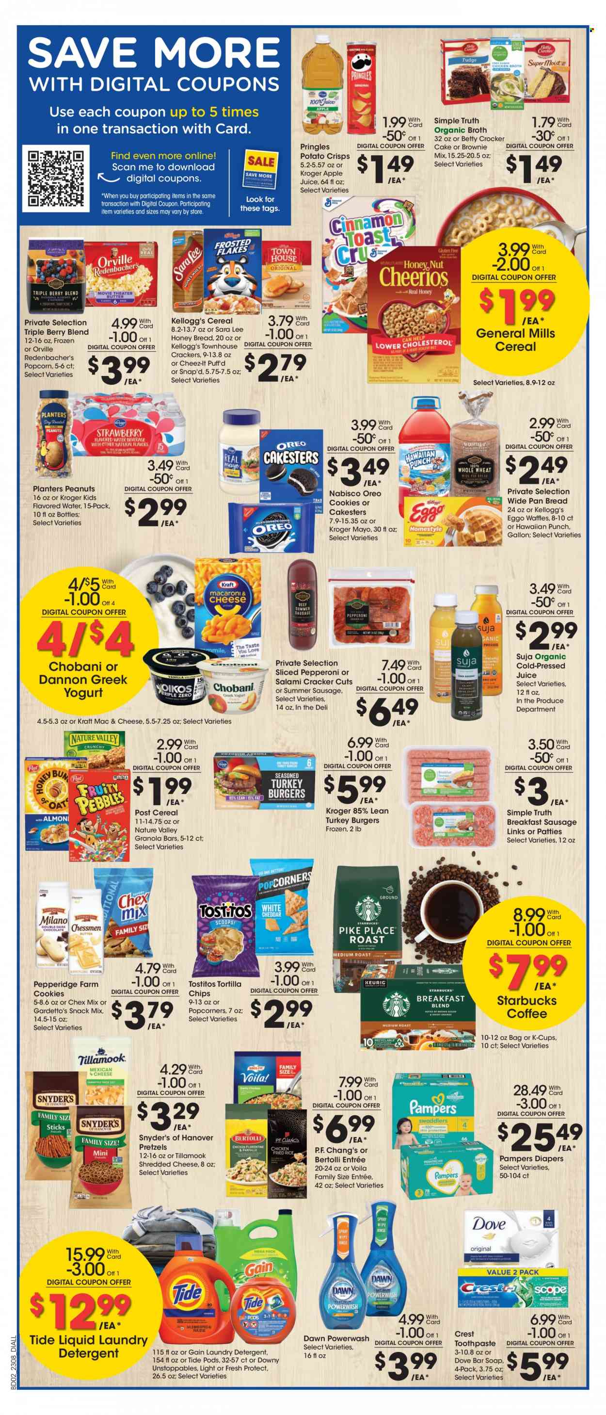 thumbnail - Dillons Flyer - 03/22/2023 - 03/28/2023 - Sales products - pretzels, cake, Sara Lee, brownie mix, hamburger, Kraft®, Bertolli, salami, sausage, summer sausage, pepperoni, shredded cheese, greek yoghurt, Oreo, yoghurt, Chobani, Dannon, cookies, Dove, snack, crackers, Kellogg's, tortilla chips, potato crisps, Pringles, popcorn, Cheez-It, Tostitos, Chex Mix, broth, cereals, granola bar, Nature Valley, honey, peanuts, Planters, apple juice, juice, flavored water, water, coffee, Starbucks, coffee capsules, K-Cups, turkey burger, Pampers, nappies, detergent, Gain, Tide, laundry detergent, soap bar, soap, toothpaste, Crest, pan. Page 6.