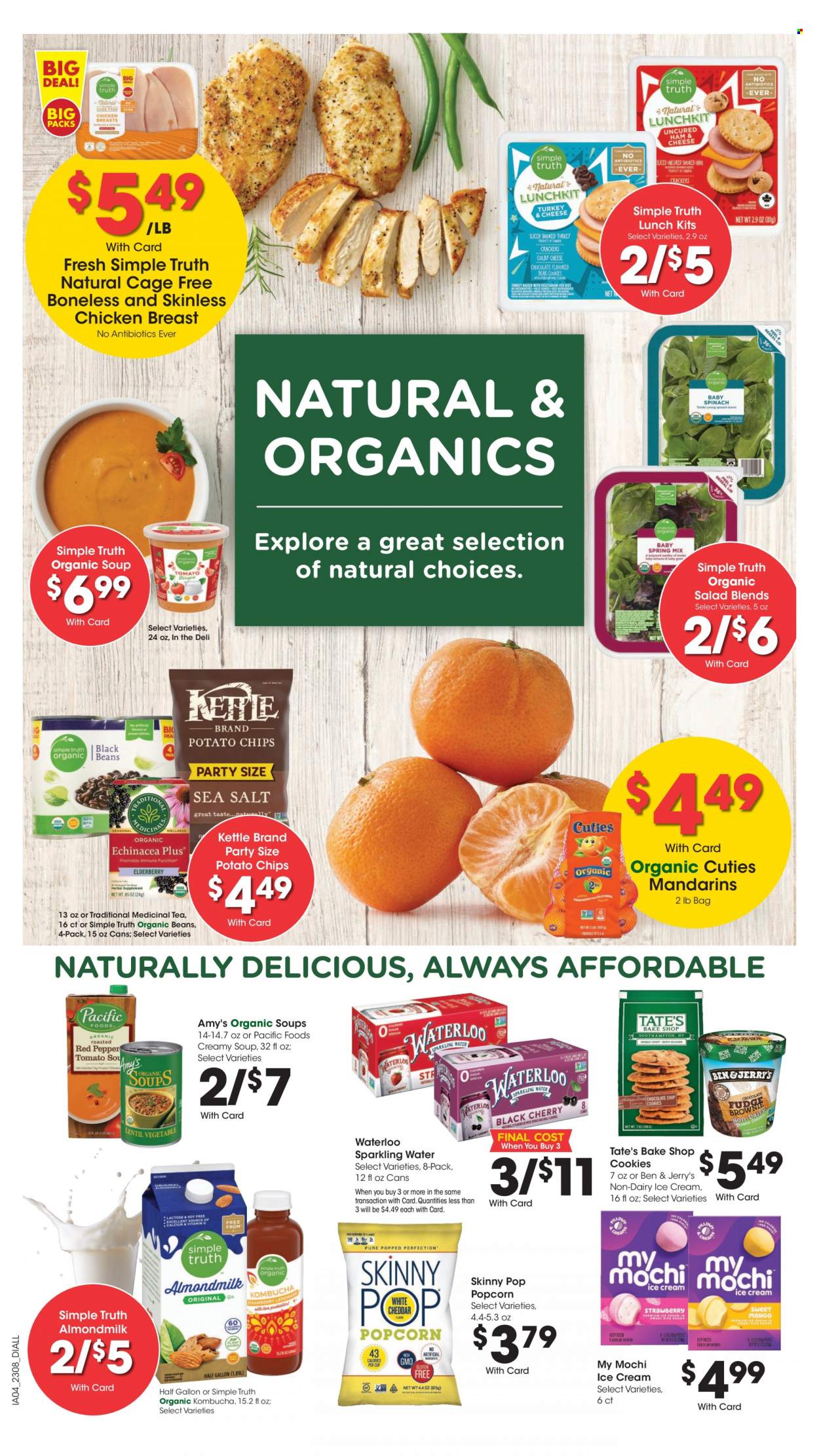 thumbnail - Dillons Flyer - 03/22/2023 - 03/28/2023 - Sales products - salad, mandarines, soup, almond milk, cage free eggs, ice cream, Ben & Jerry's, cookies, potato chips, chips, popcorn, Skinny Pop, sparkling water, water, kombucha, tea, chicken breasts, chicken. Page 10.