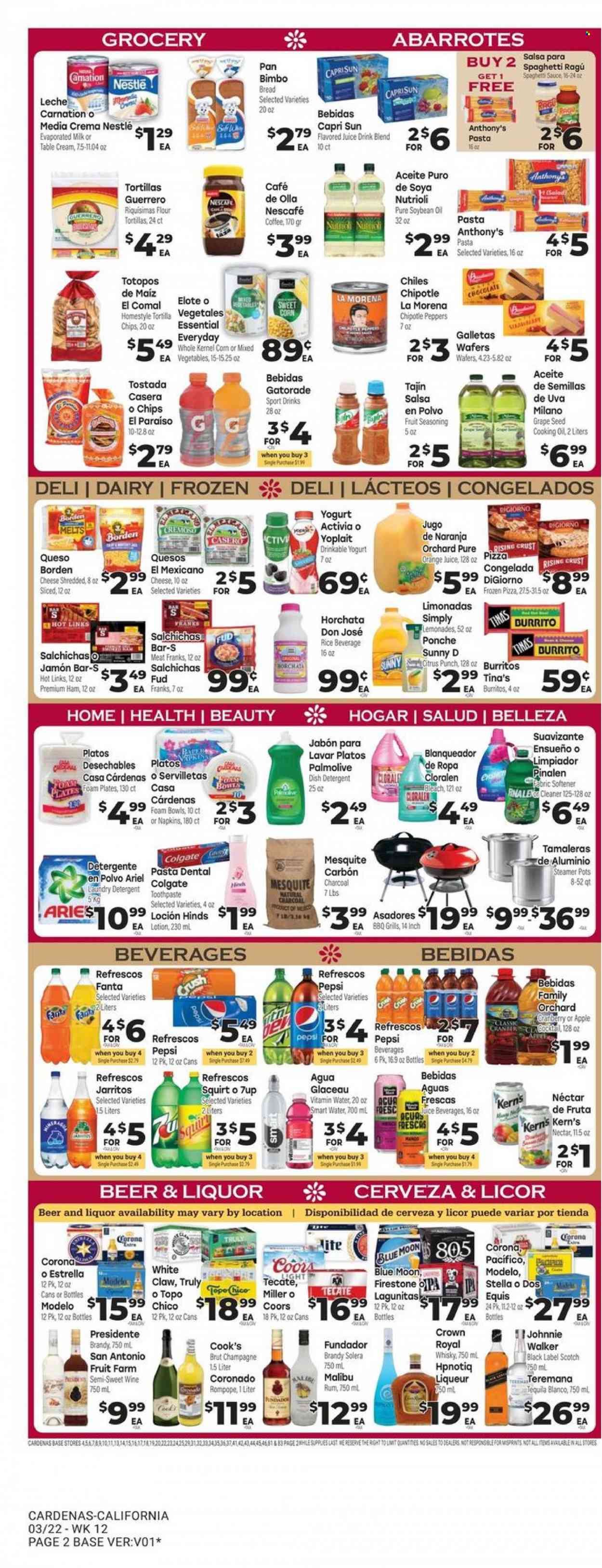thumbnail - Cardenas Flyer - 03/22/2023 - 03/28/2023 - Sales products - bread, flour tortillas, corn, salad, peppers, spaghetti, pizza, pasta, burrito, spaghetti sauce, ham, yoghurt, Activia, Yoplait, evaporated milk, Nestlé, wafers, chocolate, tortilla chips, rice, spice, Hinds, salsa, ragu, soya oil, oil, cooking oil, fruit jam, Capri Sun, Pepsi, orange juice, juice, Fanta, 7UP, Kern's, Gatorade, Smartwater, vitamin water, water, coffee, Nescafé, champagne, brandy, liqueur, rum, tequila, punch, liquor, Johnnie Walker, Malibu, White Claw, TRULY, whisky, beer, Corona Extra, Miller, Modelo, Estrella, napkins, detergent, cleaner, bleach, fabric softener, Ariel, laundry detergent, dishwasher cleaner, Palmolive, Colgate, toothpaste, body lotion, plate, pot, pan, foam plates, Coors, Dos Equis, Blue Moon. Page 2.
