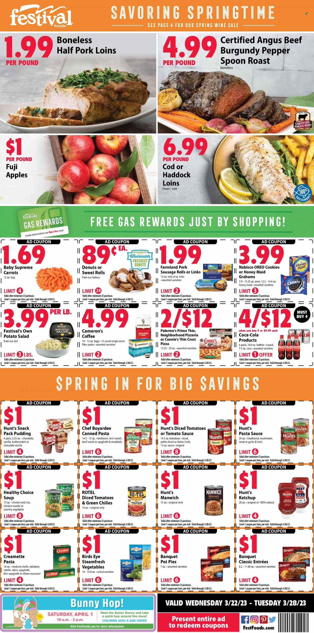 thumbnail - Festival Foods Flyer - 03/22/2023 - 03/28/2023 - Sales products - sausage rolls, pot pie, donut, sweet rolls, carrots, salad, apples, Fuji apple, cod, haddock, ravioli, pizza, pasta sauce, meatballs, macaroni, soup, sauce, Bird's Eye, noodles, Healthy Choice, roast, sausage, pork sausage, potato salad, pudding, Oreo, butterscotch, cookies, easter bunny, tomato sauce, tomatoes & green chilies, Manwich, Chef Boyardee, diced tomatoes, Honey Maid, rice, Creamette, pepper, ketchup, Coca-Cola, coffee, beef meat. Page 1.