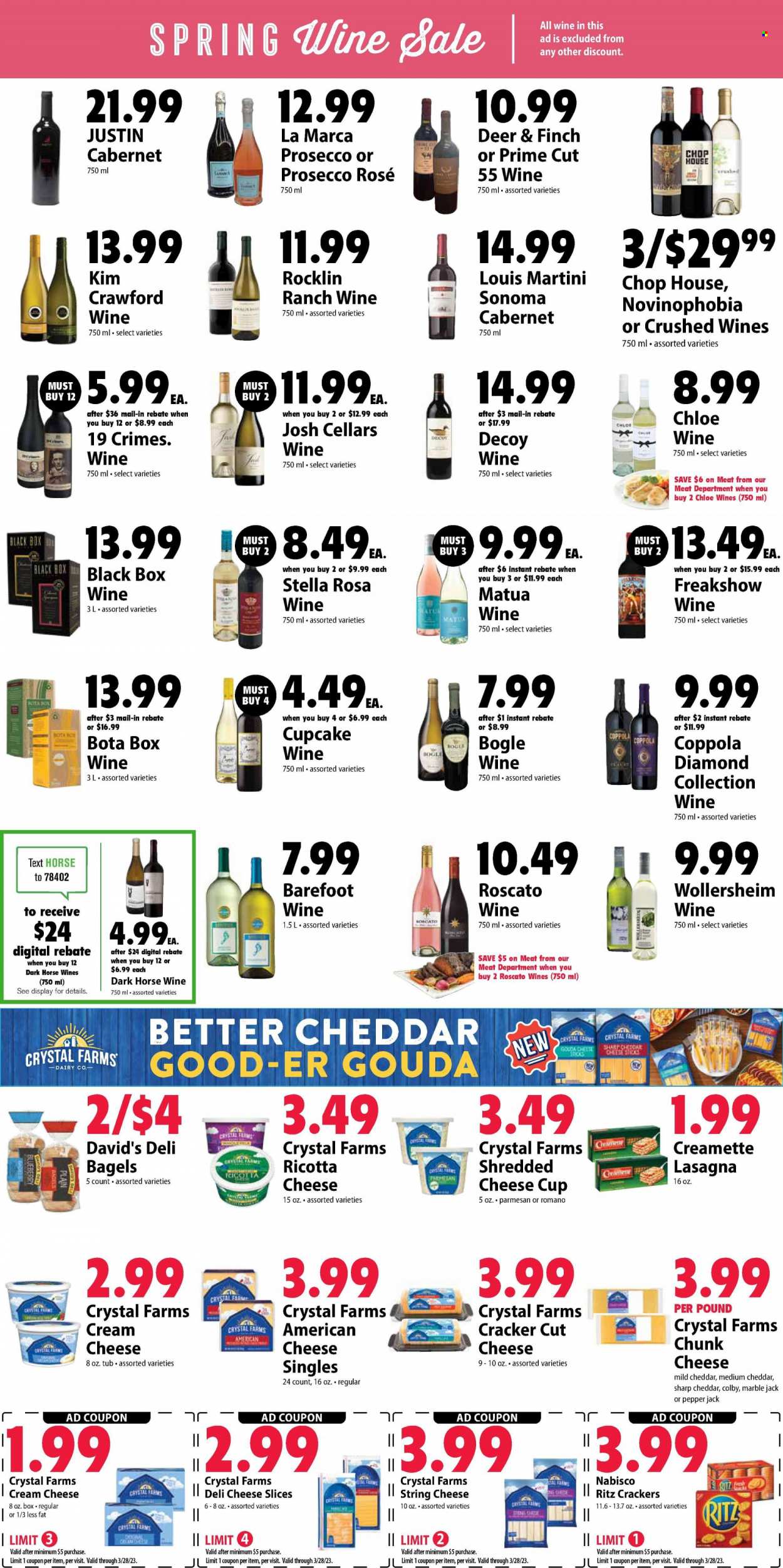 thumbnail - Festival Foods Flyer - 03/22/2023 - 03/28/2023 - Sales products - bagels, lasagna meal, american cheese, Colby cheese, gouda, mild cheddar, ricotta, sliced cheese, string cheese, cheddar, cheese cup, parmesan, Pepper Jack cheese, cheese, chunk cheese, cheese sticks, crackers, RITZ, Creamette, Cabernet Sauvignon, wine, Cupcake Vineyards, rosé wine, Chloé. Page 4.