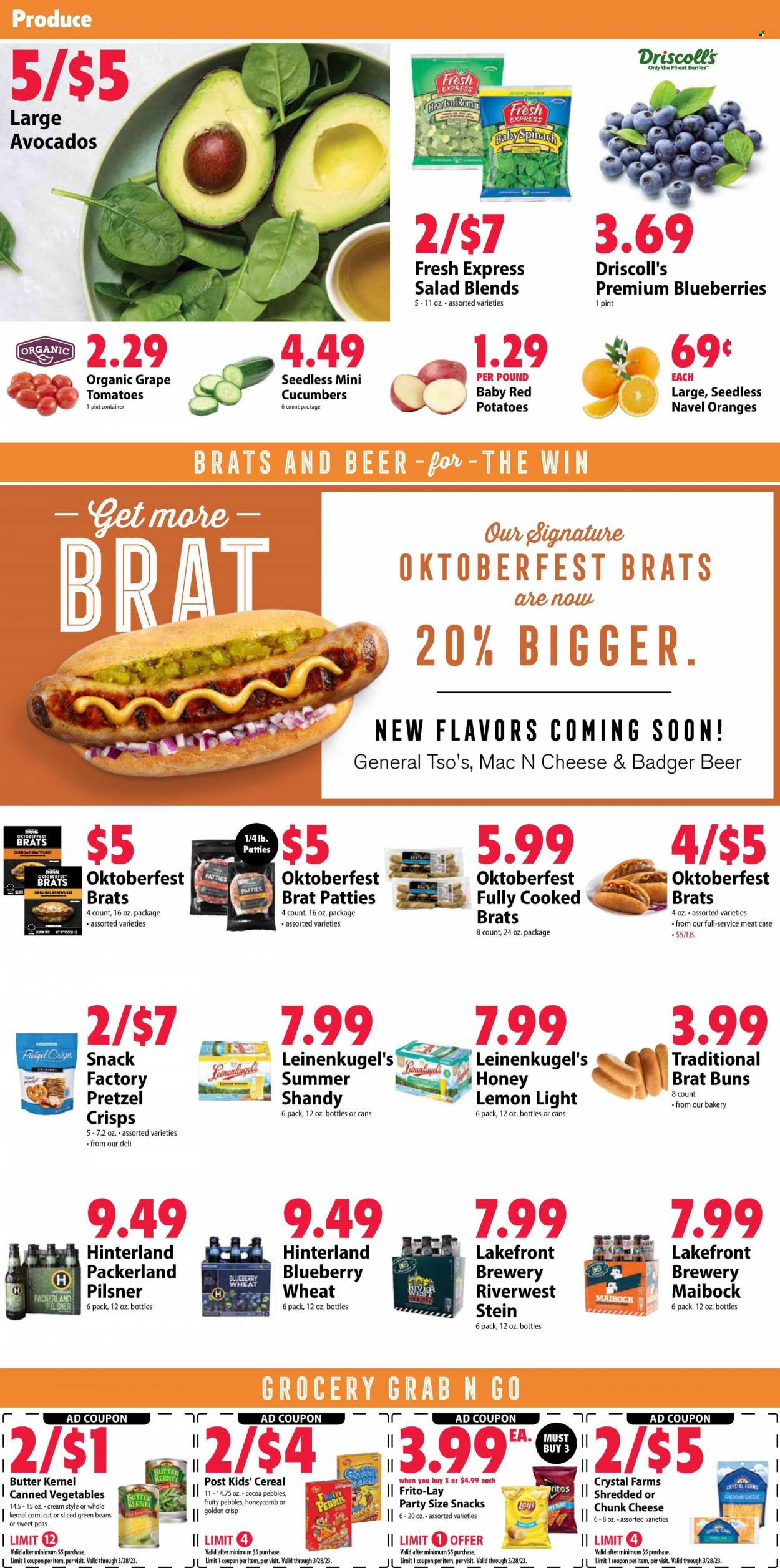 thumbnail - Festival Foods Flyer - 03/22/2023 - 03/28/2023 - Sales products - buns, beans, corn, cucumber, green beans, tomatoes, potatoes, peas, salad, red potatoes, avocado, blueberries, oranges, bratwurst, cheddar, chunk cheese, butter, snack, Lay’s, Frito-Lay, pretzel crisps, canned vegetables, cereals, Fruity Pebbles, beer, Leinenkugel's, navel oranges. Page 6.