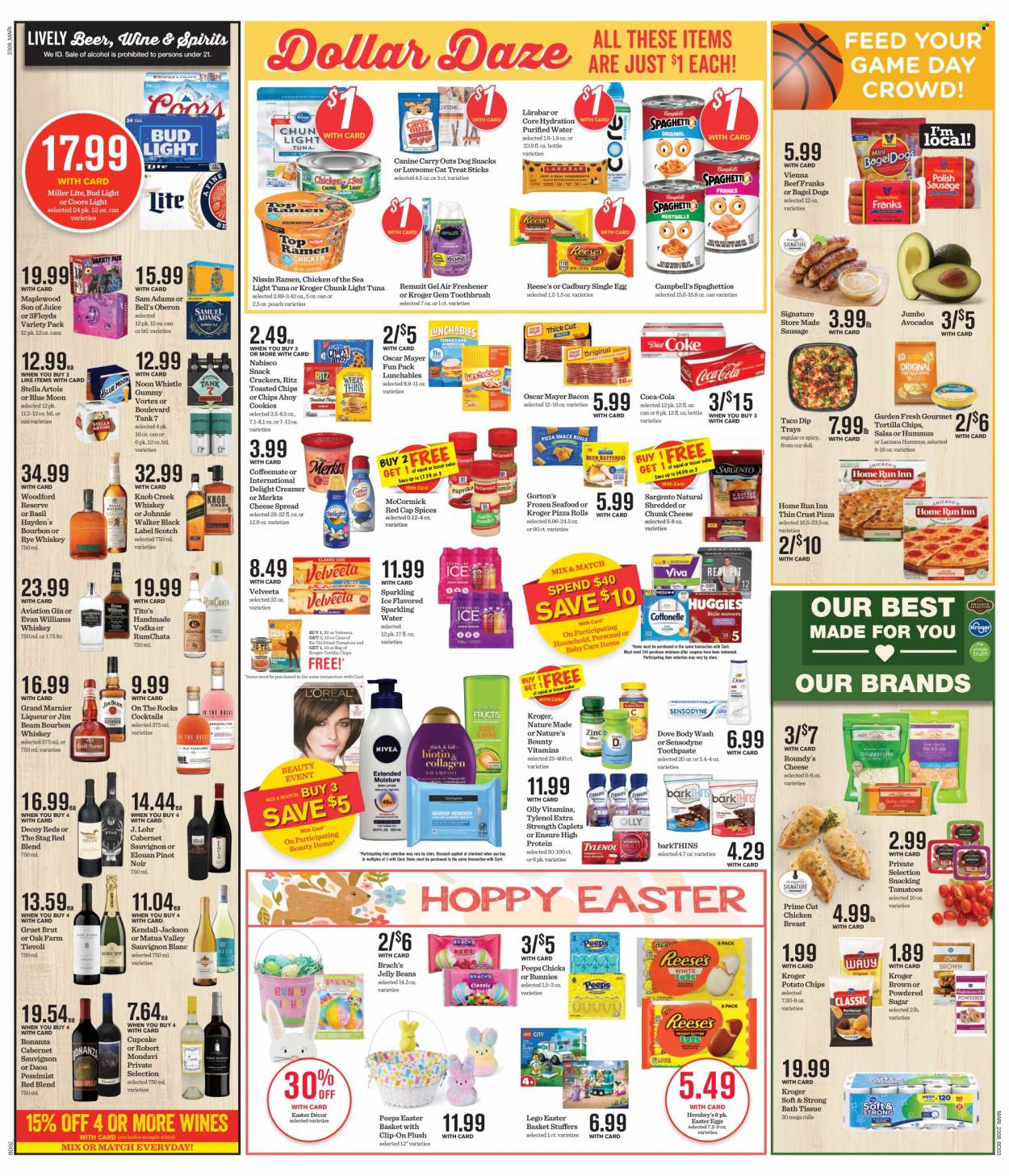 thumbnail - Mariano’s Flyer - 03/22/2023 - 03/28/2023 - Sales products - pizza rolls, cupcake, avocado, tuna, seafood, Gorton's, Campbell's, ramen, pizza, bagel dogs, Lunchables, Nissin, bacon, Oscar Mayer, sausage, hummus, cheese spread, chunk cheese, Sargento, creamer, dip, Reese's, Hershey's, cookies, Dove, snack, easter egg, crackers, Cadbury, jelly beans, Peeps, RITZ, tortilla chips, potato chips, sugar, icing sugar, light tuna, Chicken of the Sea, diced tomatoes, salsa, Coca-Cola, juice, sparkling water, water, Cabernet Sauvignon, red wine, white wine, wine, Pinot Noir, Sauvignon Blanc, bourbon, gin, Grand Marnier, liqueur, vodka, whiskey, Johnnie Walker, Jim Beam, bourbon whiskey, whisky, beer, Stella Artois, Bud Light, chicken breasts, basket, Renuzit, air freshener, easter decor, easter basket, LEGO, Nature Made, Nature's Bounty, Tylenol, Miller Lite, Coors, Blue Moon. Page 5.