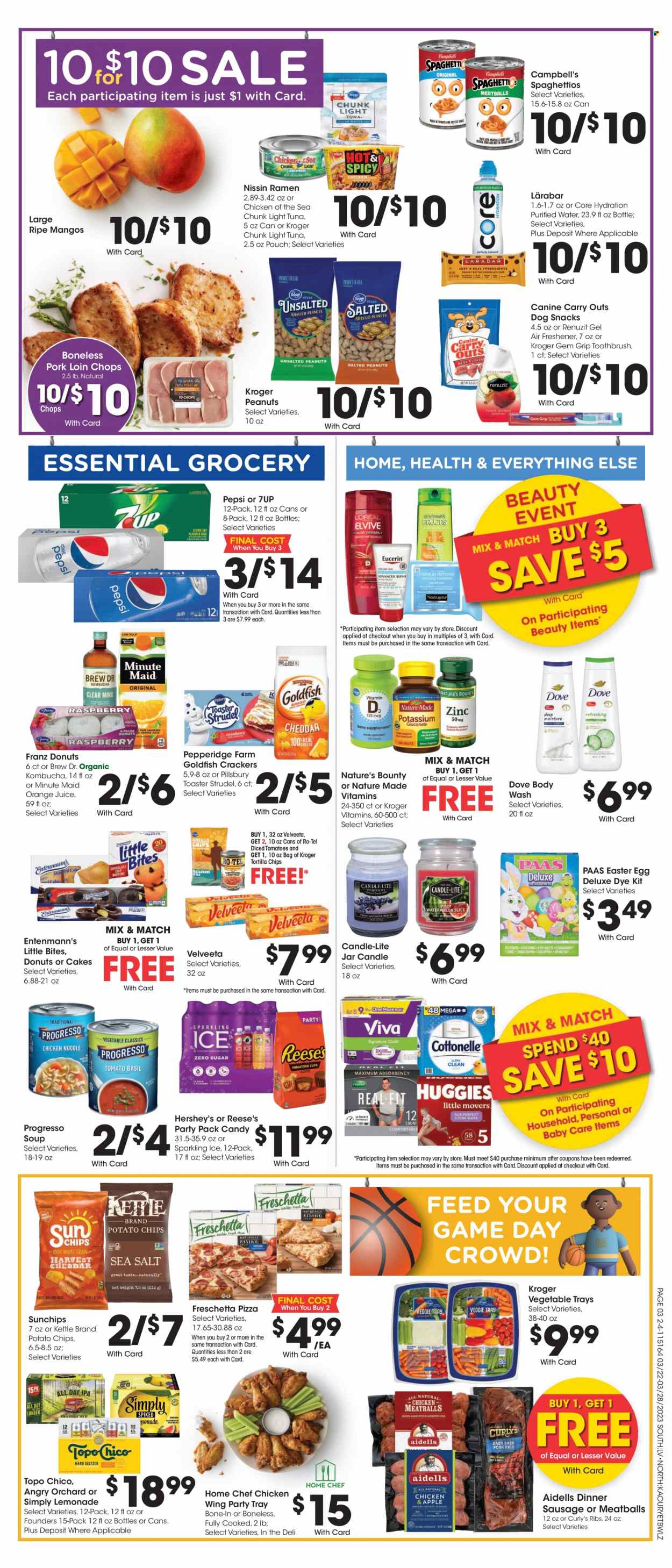 thumbnail - Fred Meyer Flyer - 03/22/2023 - 03/28/2023 - Sales products - strudel, donut, Entenmann's, Campbell's, ramen, spaghetti, pizza, meatballs, Pillsbury, noodles, Progresso, Nissin, sausage, cheese, Reese's, Hershey's, Dove, snack, easter egg, crackers, Little Bites, tortilla chips, potato chips, chips, Goldfish, light tuna, Chicken of the Sea, diced tomatoes, peanuts, lemonade, Pepsi, orange juice, juice, 7UP, fruit punch, purified water, water, kombucha, beer, IPA, ribs, pork chops, pork loin, pork meat, Huggies, Cottonelle, body wash, toothbrush, L’Oréal, Fructis, Eucerin, fork, cup, pen, candle, Renuzit, air freshener, Nature Made, Nature's Bounty, zinc. Page 5.