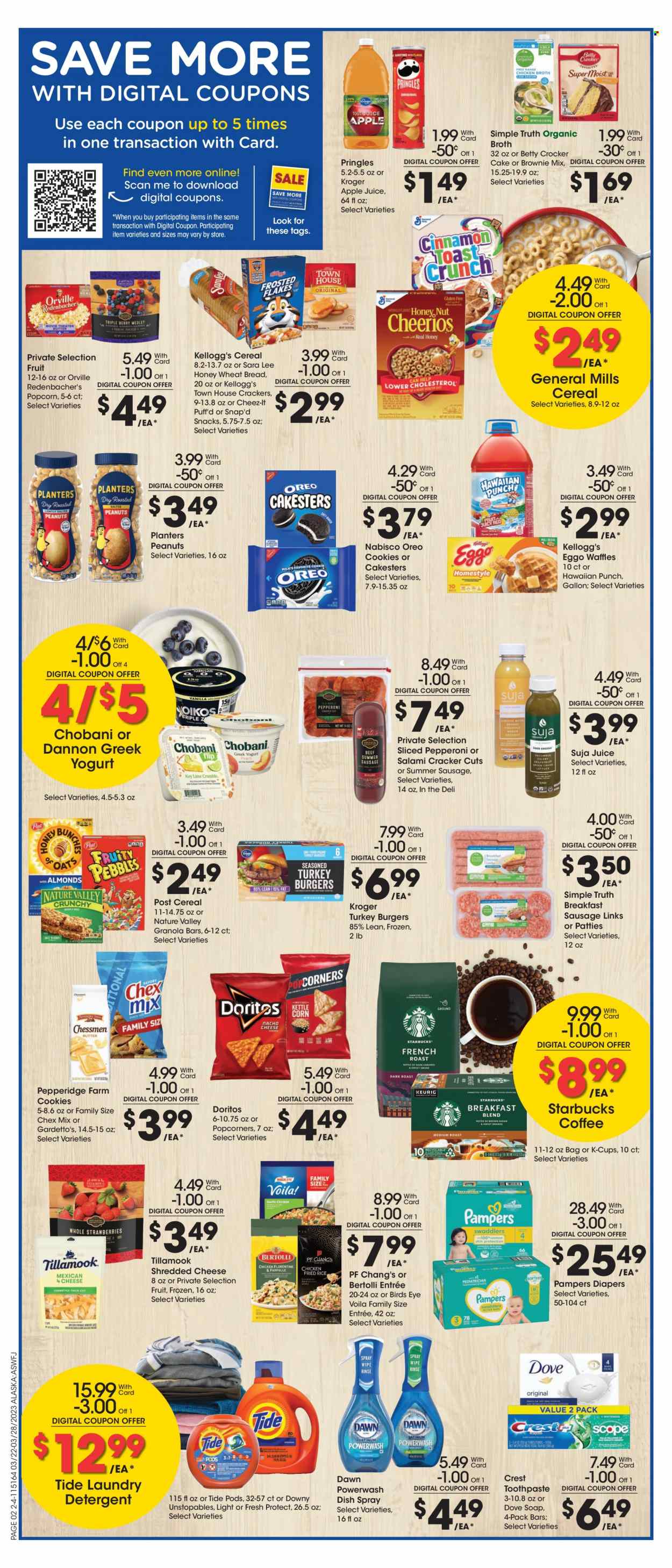 thumbnail - Fred Meyer Flyer - 03/22/2023 - 03/28/2023 - Sales products - wheat bread, cake, Sara Lee, waffles, brownie mix, hamburger, Bird's Eye, Bertolli, roast, salami, sausage, summer sausage, pepperoni, shredded cheese, greek yoghurt, Oreo, yoghurt, Chobani, Dannon, cookies, Dove, snack, crackers, Kellogg's, Doritos, kettle corn, Pringles, popcorn, Cheez-It, Chex Mix, chicken broth, oats, broth, cereals, Cheerios, granola bar, Frosted Flakes, Fruity Pebbles, Nature Valley, cinnamon, almonds, roasted peanuts, peanuts, Planters, apple juice, juice, coffee, Starbucks, coffee capsules, K-Cups, breakfast blend, turkey burger, Pampers, nappies, detergent, Tide, Unstopables, laundry detergent, soap, toothpaste, Crest. Page 8.