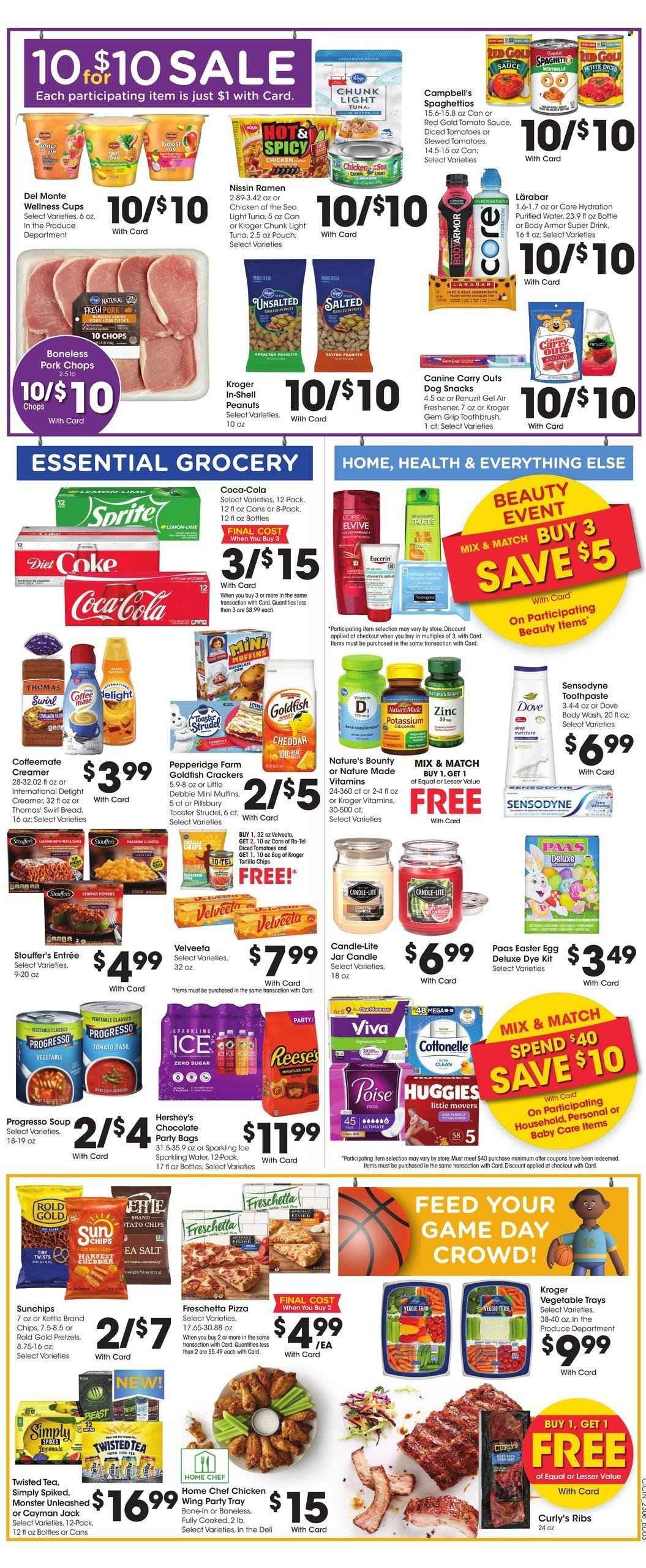 thumbnail - Kroger Flyer - 03/22/2023 - 03/28/2023 - Sales products - easter egg, pretzels, strudel, muffin, peppers, Campbell's, ramen, spaghetti, pizza, Pillsbury, Progresso, Nissin, cheese, Coffee-Mate, creamer, Reese's, Hershey's, Stouffer's, Dove, chocolate, snack, crackers, tortilla chips, chips, Goldfish, tomato sauce, light tuna, Chicken of the Sea, diced tomatoes, Del Monte, peanuts, Coca-Cola, Sprite, Body Armor, Monster, Diet Coke, Coke, sparkling water, purified water, water, Boost, tea, beer, ribs, pork chops, pork meat, Huggies, pants, Cottonelle, body wash, toothbrush, toothpaste, Sensodyne, Fructis, Eucerin, cup, candle, Renuzit, air freshener, kettle, Shell, Nature Made, Nature's Bounty, zinc, Twisted Tea. Page 4.