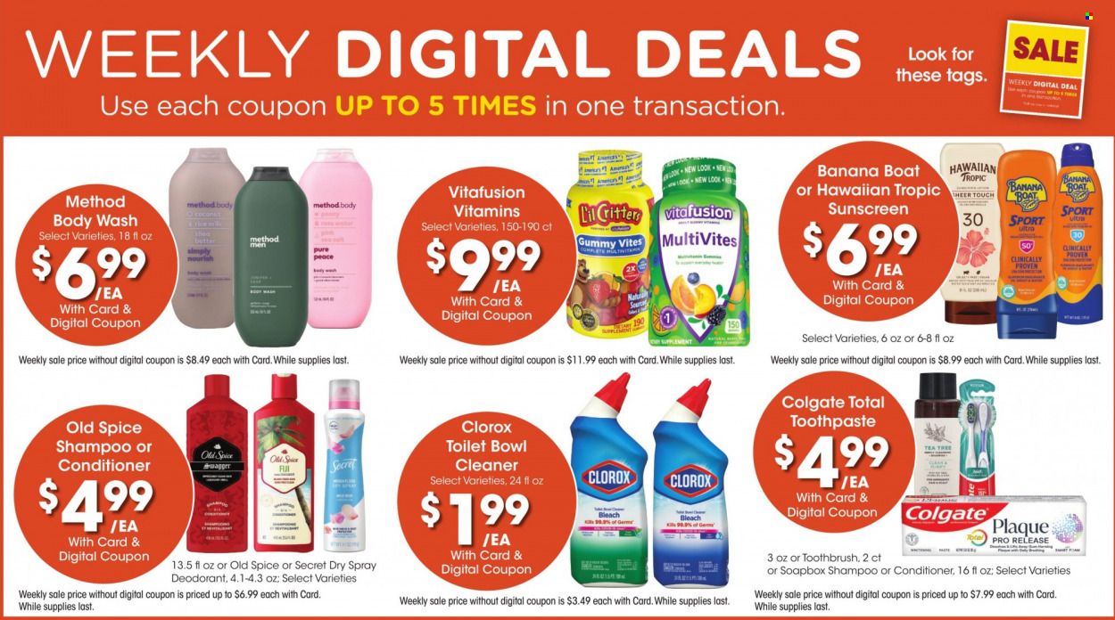 thumbnail - Kroger Flyer - 03/22/2023 - 03/28/2023 - Sales products - rice, spice, Prisma, water, tea, cleaner, bleach, Clorox, body wash, shampoo, Old Spice, Colgate, toothbrush, toothpaste, conditioner, anti-perspirant, deodorant, boat, tea tree, multivitamin, Vitafusion. Page 3.