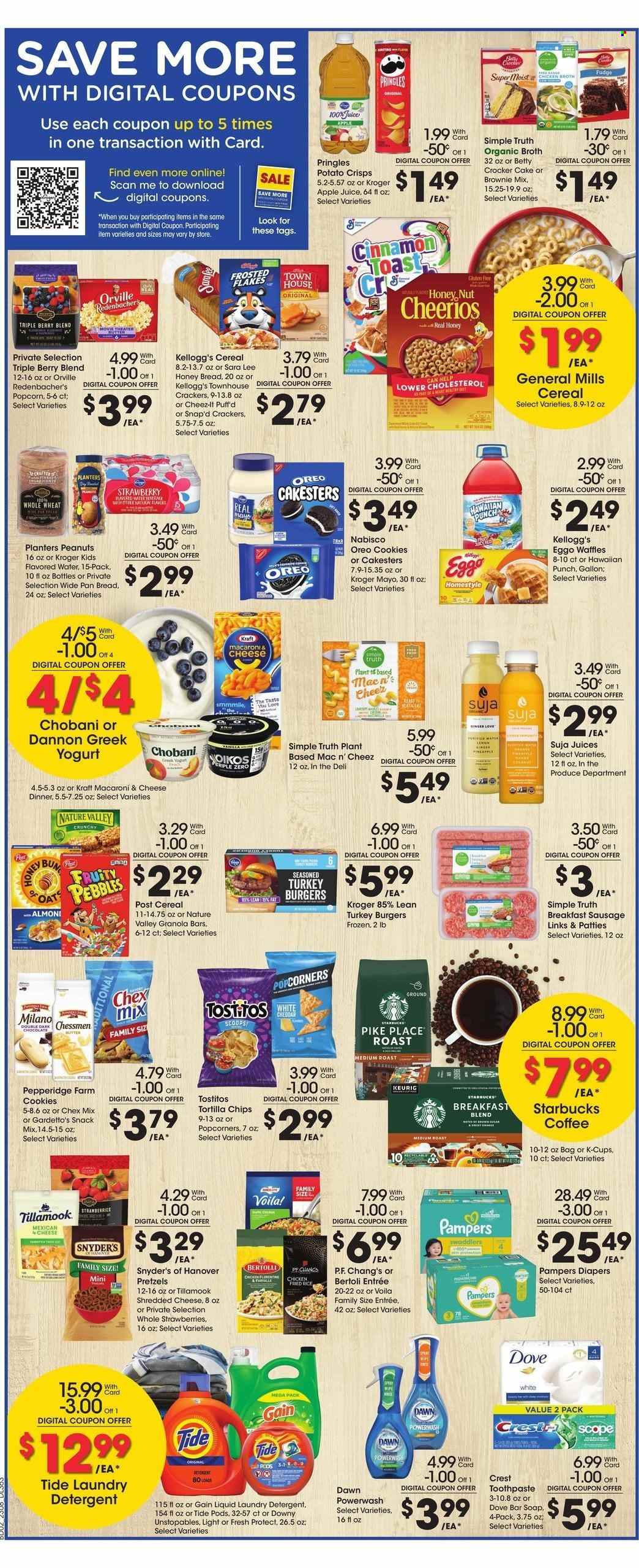 thumbnail - Kroger Flyer - 03/22/2023 - 03/28/2023 - Sales products - pretzels, cake, Sara Lee, waffles, brownie mix, macaroni & cheese, hamburger, Kraft®, Bertolli, roast, sausage, shredded cheese, greek yoghurt, Oreo, yoghurt, Chobani, Dannon, cookies, Dove, fudge, snack, crackers, Kellogg's, tortilla chips, potato crisps, Pringles, popcorn, Cheez-It, Tostitos, Chex Mix, oats, broth, cereals, Cheerios, granola bar, Nature Valley, cinnamon, peanuts, Planters, apple juice, juice, flavored water, water, coffee, Starbucks, coffee capsules, K-Cups, Keurig, breakfast blend, chicken, turkey burger, Pampers, nappies, detergent, Gain, Tide, Unstopables, laundry detergent, soap bar, soap, toothpaste, Crest, pot, pan, hob. Page 5.
