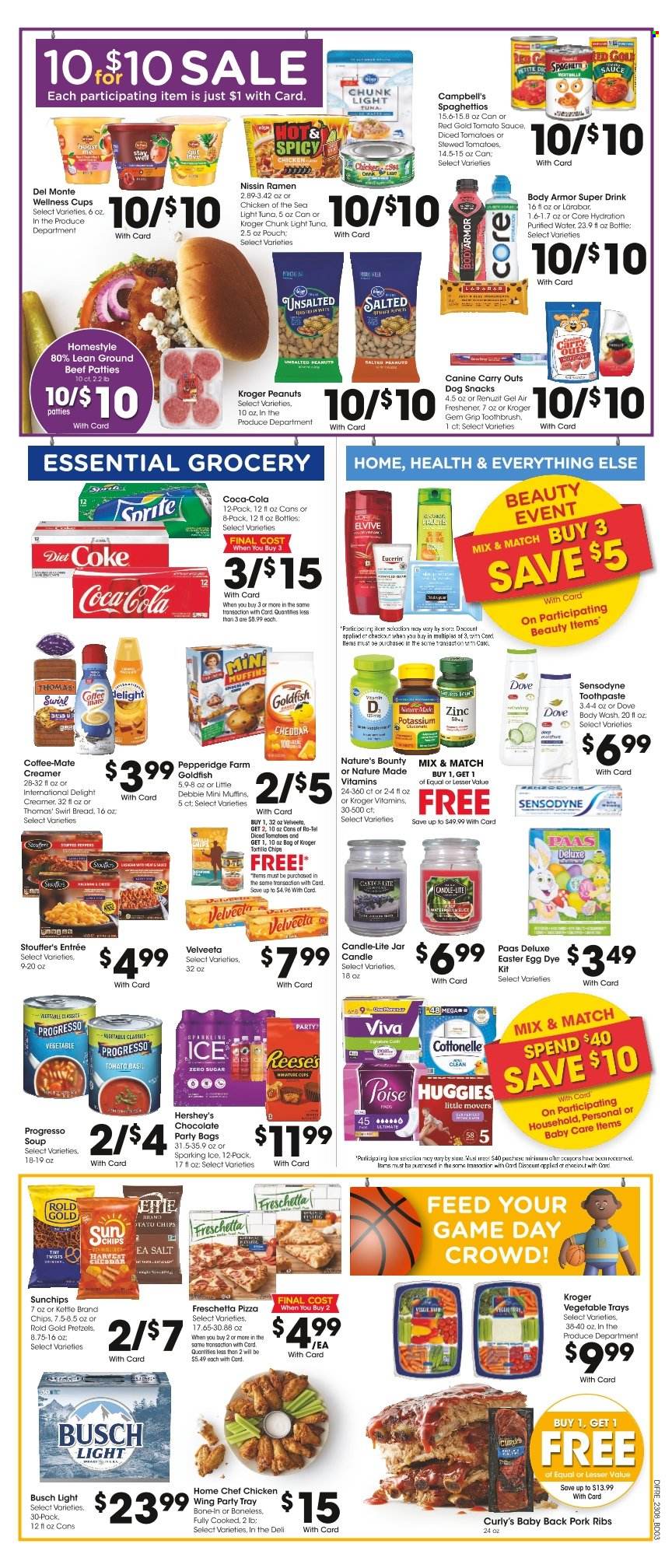thumbnail - Baker's Flyer - 03/22/2023 - 03/28/2023 - Sales products - pretzels, muffin, peppers, Campbell's, ramen, spaghetti, pizza, meatballs, Progresso, Nissin, cheese, Coffee-Mate, creamer, Reese's, Hershey's, Stouffer's, Dove, chocolate, snack, easter egg, tortilla chips, chips, Goldfish, tomato sauce, light tuna, Chicken of the Sea, diced tomatoes, Del Monte, peanuts, Coca-Cola, Sprite, Body Armor, Diet Coke, Coke, purified water, water, beer, Busch, beef meat, ground beef, ribs, pork meat, pork ribs, pork back ribs, Huggies, Cottonelle, body wash, toothbrush, toothpaste, Sensodyne, L’Oréal, Eucerin, cup, candle, Renuzit, air freshener, Nature Made, Nature's Bounty, zinc. Page 2.