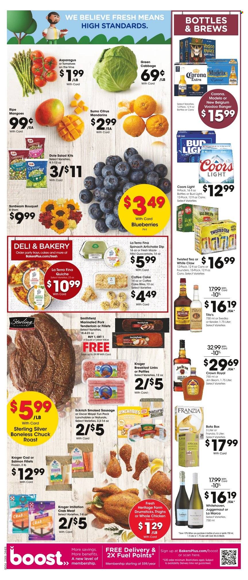 thumbnail - Baker's Flyer - 03/22/2023 - 03/28/2023 - Sales products - cake, coffee cake, asparagus, broccoli, cabbage, tomatoes, salad, Dole, blueberries, mandarines, mango, cod, crab meat, salmon fillet, crab, Lunchables, roast, Oscar Mayer, sausage, smoked sausage, guacamole, dip, Boost, tea, wine, Jim Beam, White Claw, beer, Bud Light, Corona Extra, IPA, Modelo, whole chicken, chicken, beef meat, chuck roast, pork meat, pork tenderloin, marinated pork, Sunbeam, sunflower, bouquet, Coors, Twisted Tea, sumo citrus. Page 5.