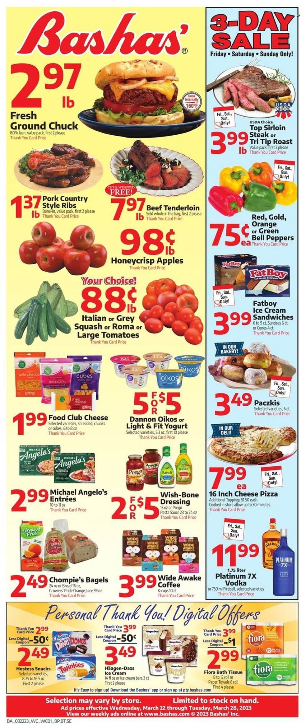 thumbnail - Bashas' Flyer - 03/22/2023 - 03/28/2023 - Sales products - bagels, bread, bell peppers, peppers, apples, pizza, pasta sauce, sauce, roast, Colby cheese, yoghurt, Oikos, Dannon, ice cream, ice cream bars, ice cream sandwich, Häagen-Dazs, snack, dressing, orange juice, juice, coffee capsules, K-Cups, vodka, beef meat, beef sirloin, ground chuck, steak, beef tenderloin, sirloin steak, ribs, pork ribs, country style ribs, bath tissue, kitchen towels, paper towels. Page 1.