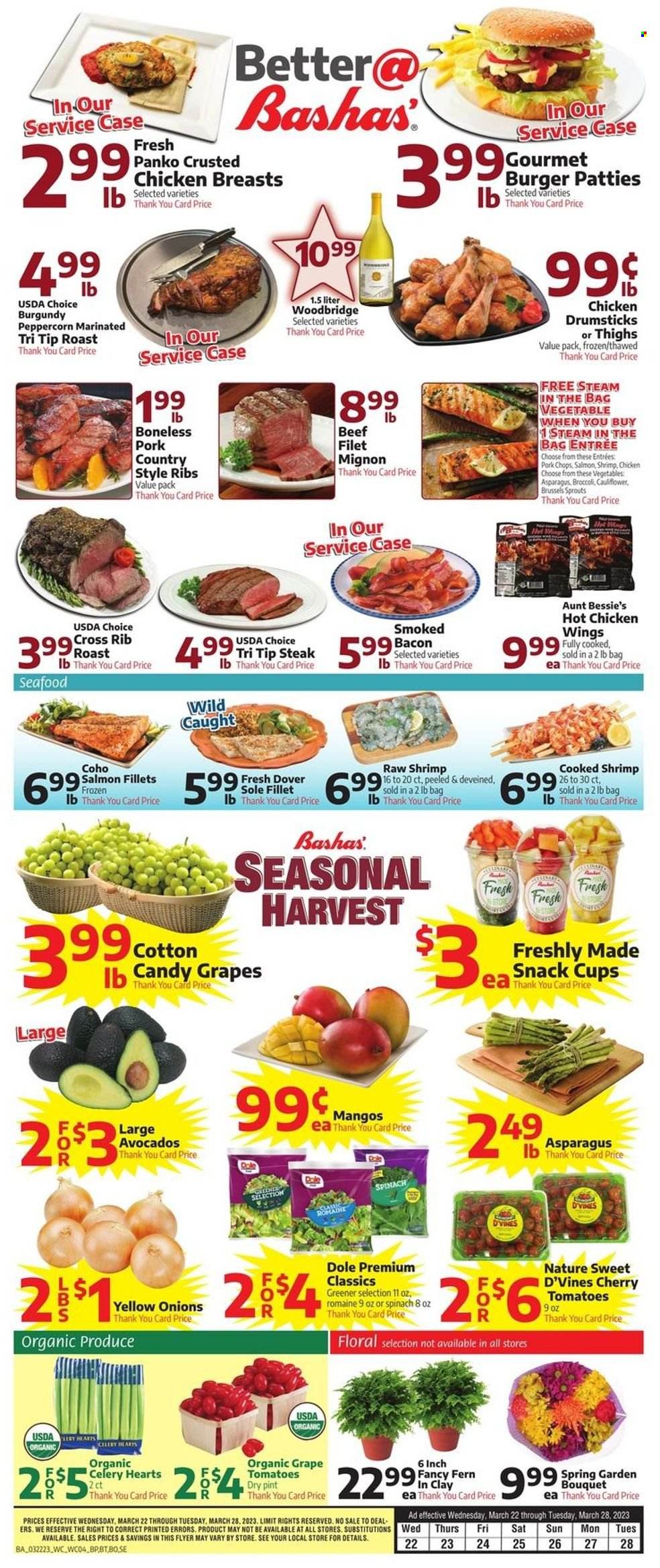 thumbnail - Bashas' Flyer - 03/22/2023 - 03/28/2023 - Sales products - Aunt Bessie's, panko breadcrumbs, asparagus, broccoli, cauliflower, celery, spinach, tomatoes, onion, Dole, brussel sprouts, sleeved celery, avocado, cherries, salmon, salmon fillet, seafood, shrimps, hamburger, roast, bacon, snack, Woodbridge, chicken breasts, chicken drumsticks, chicken, steak, beef tenderloin, ribs, burger patties, pork chops, pork meat, pork ribs, country style ribs, bouquet. Page 4.
