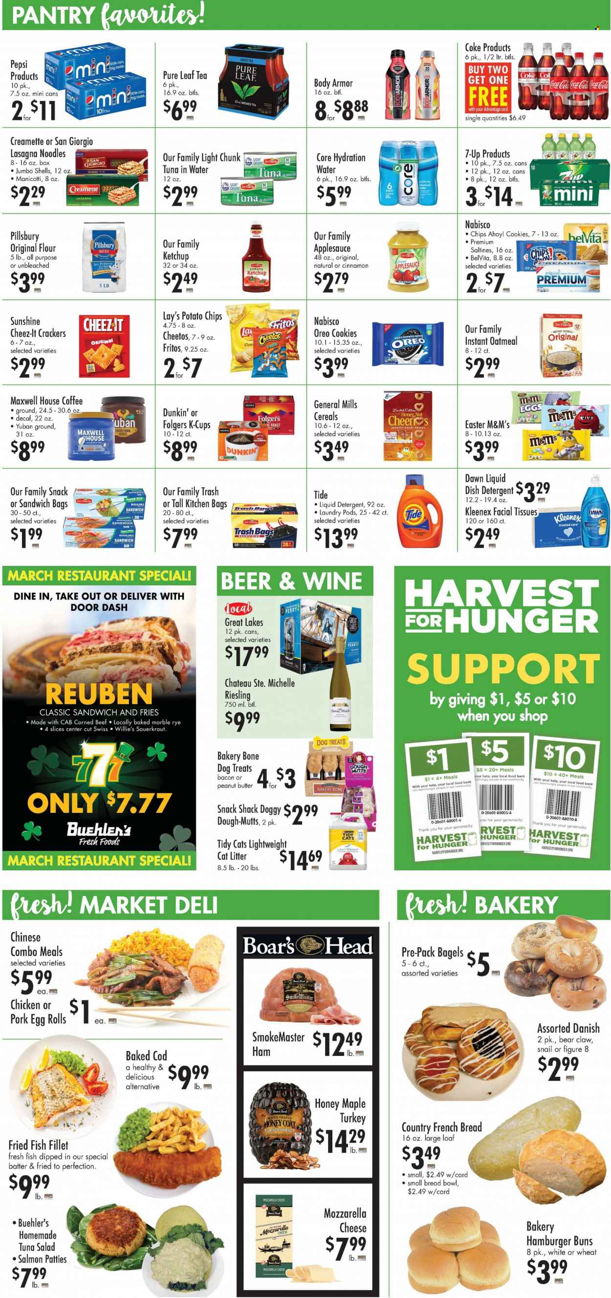 thumbnail - Buehler's Flyer - 03/22/2023 - 03/28/2023 - Sales products - bagels, bread, cake, buns, burger buns, french bread, puffs, salad, cod, fish fillets, tuna, fish, fried fish, egg rolls, Pillsbury, noodles, lasagna meal, roast, bacon, ham, tuna salad, corned beef, mozzarella, Oreo, Sunshine, potato fries, cookies, snack, M&M's, crackers, Chips Ahoy!, Fritos, potato chips, Cheetos, chips, Lay’s, Cheez-It, saltines, flour, oatmeal, sauerkraut, tuna in water, cereals, Cheerios, belVita, Creamette, cinnamon, ketchup, apple sauce, Pepsi, Body Armor, 7UP, Coke, water, Maxwell House, tea, Pure Leaf, coffee, Folgers, coffee capsules, K-Cups, Keurig, Riesling, white wine, wine, beer, turkey breast, chicken, beef meat, Kleenex, tissues, detergent, Tide, liquid detergent, dishwasher cleaner, facial tissues, trash bags, bowl, cat litter, Purina, tote. Page 2.