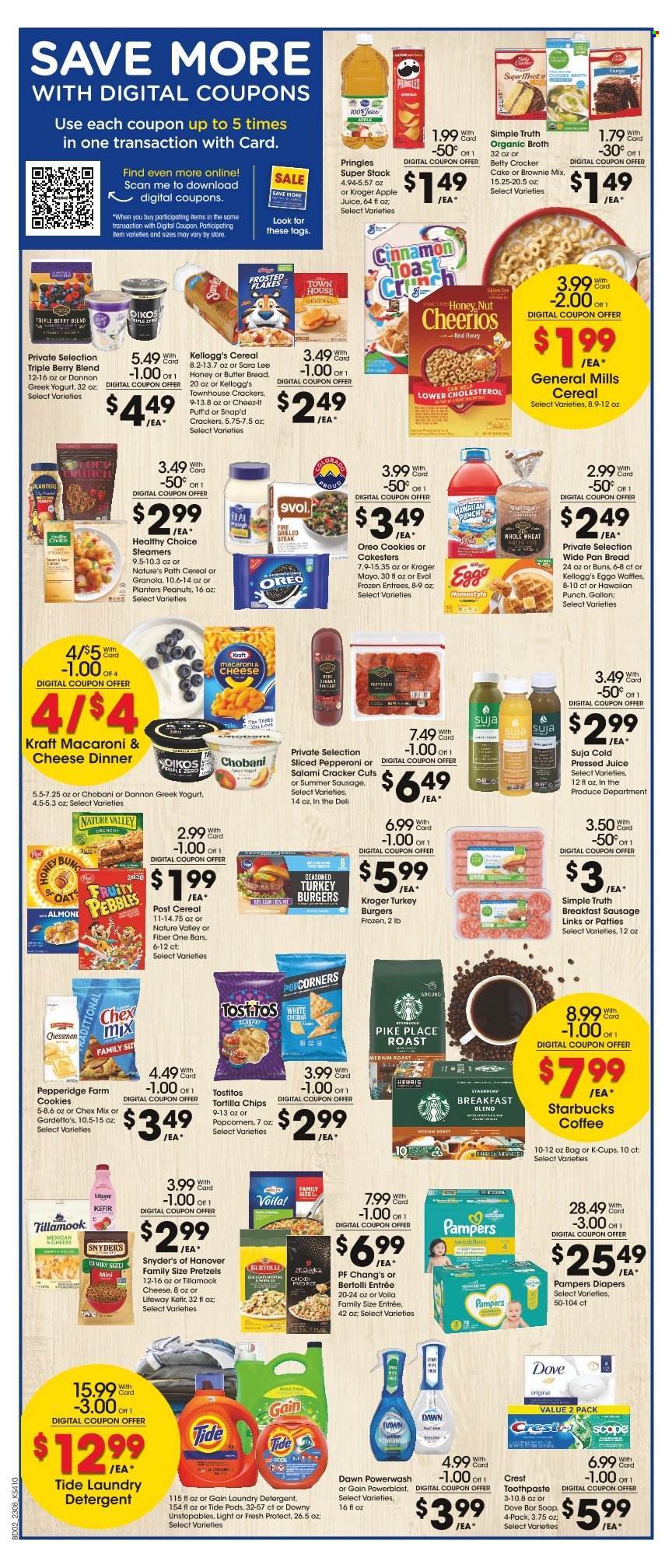 thumbnail - City Market Flyer - 03/22/2023 - 03/28/2023 - Sales products - pretzels, cake, buns, Sara Lee, waffles, brownie mix, macaroni & cheese, hamburger, Healthy Choice, Kraft®, Bertolli, roast, salami, sausage, summer sausage, pepperoni, greek yoghurt, Oreo, yoghurt, Oikos, Chobani, Dannon, kefir, cookies, Dove, crackers, Kellogg's, tortilla chips, Pringles, popcorn, Cheez-It, Tostitos, Chex Mix, broth, cereals, granola, Cheerios, Frosted Flakes, Fruity Pebbles, Nature Valley, Fiber One, cinnamon, peanuts, Planters, apple juice, juice, coffee, Starbucks, coffee capsules, K-Cups, Keurig, breakfast blend, turkey burger, Pampers, nappies, detergent, Gain, Tide, Unstopables, laundry detergent, soap bar, soap, toothpaste, Crest, pan, Hill's. Page 3.