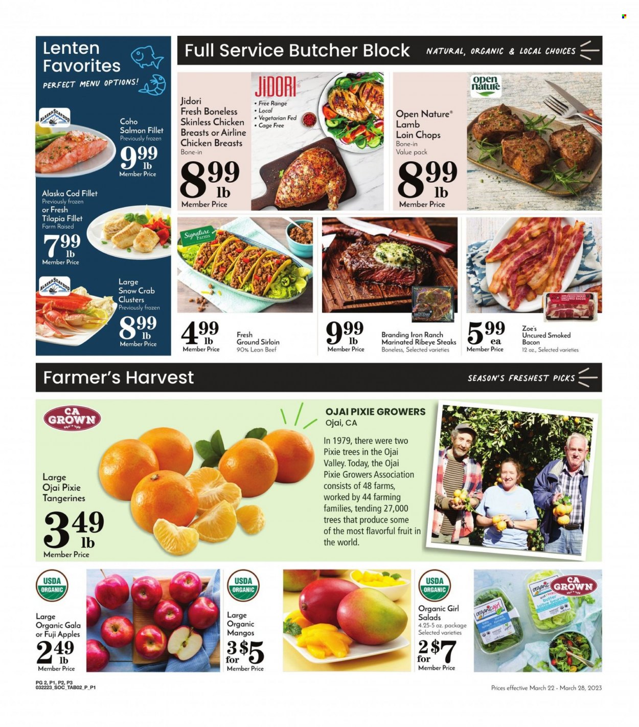 thumbnail - Pavilions Flyer - 03/22/2023 - 03/28/2023 - Sales products - apples, Gala, Fuji apple, cod, salmon, salmon fillet, tilapia, seafood, crab, bacon, cage free eggs, chicken breasts, chicken, beef meat, steak, ribeye steak, lamb loin, lamb meat, tangerines. Page 2.