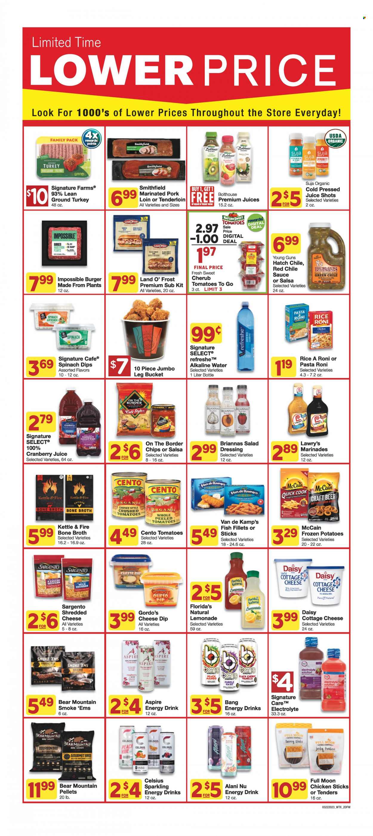 thumbnail - Market Street Flyer - 03/22/2023 - 03/28/2023 - Sales products - potatoes, cherries, fish fillets, fish, fish fingers, Van de Kamp's, fish sticks, hamburger, sauce, jerky, cottage cheese, mild cheddar, shredded cheese, cheese, Sargento, dip, spinach dip, McCain, Florida's Natural, broth, crushed tomatoes, rice, salad dressing, dressing, salsa, cranberry juice, lemonade, juice, energy drink, alkaline water, water, beer, ground turkey, chicken, pork loin, pork meat, marinated pork, zinc. Page 2.