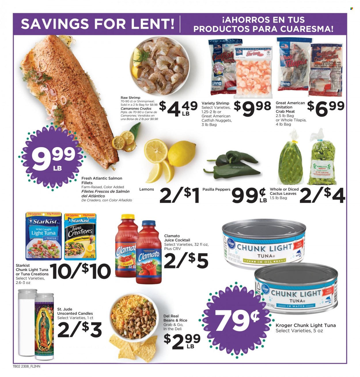 thumbnail - Foods Co Flyer - 03/22/2023 - 03/28/2023 - Sales products - beans, peppers, crab meat, salmon, salmon fillet, tilapia, tuna, crab, shrimps, StarKist, nuggets, light tuna, juice, Clamato, cactus, lemons, pasilla. Page 3.