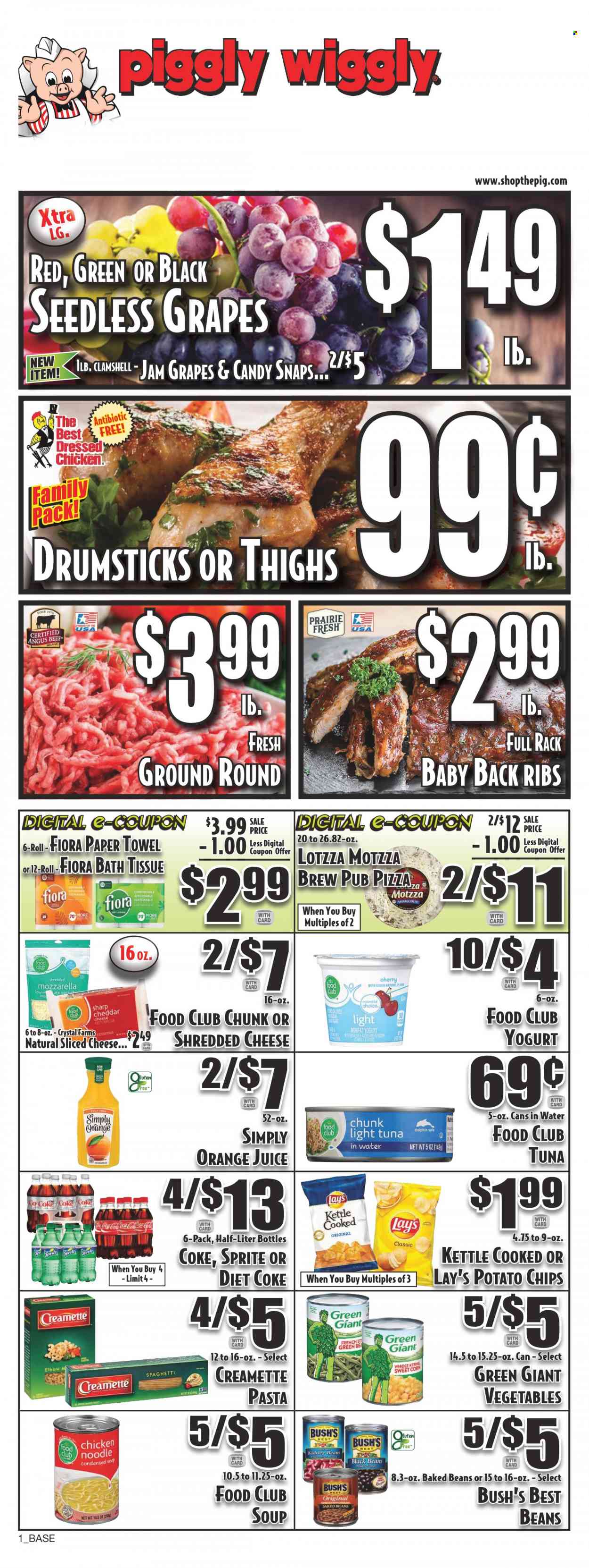 thumbnail - Piggly Wiggly Flyer - 03/22/2023 - 03/28/2023 - Sales products - beans, grapes, seedless grapes, tuna, pizza, soup, pasta, shredded cheese, sliced cheese, yoghurt, potato chips, chips, Lay’s, baked beans, Creamette, fruit jam, Coca-Cola, Sprite, orange juice, juice, Diet Coke, Coke, water, ribs, pork meat, pork ribs, pork back ribs. Page 1.